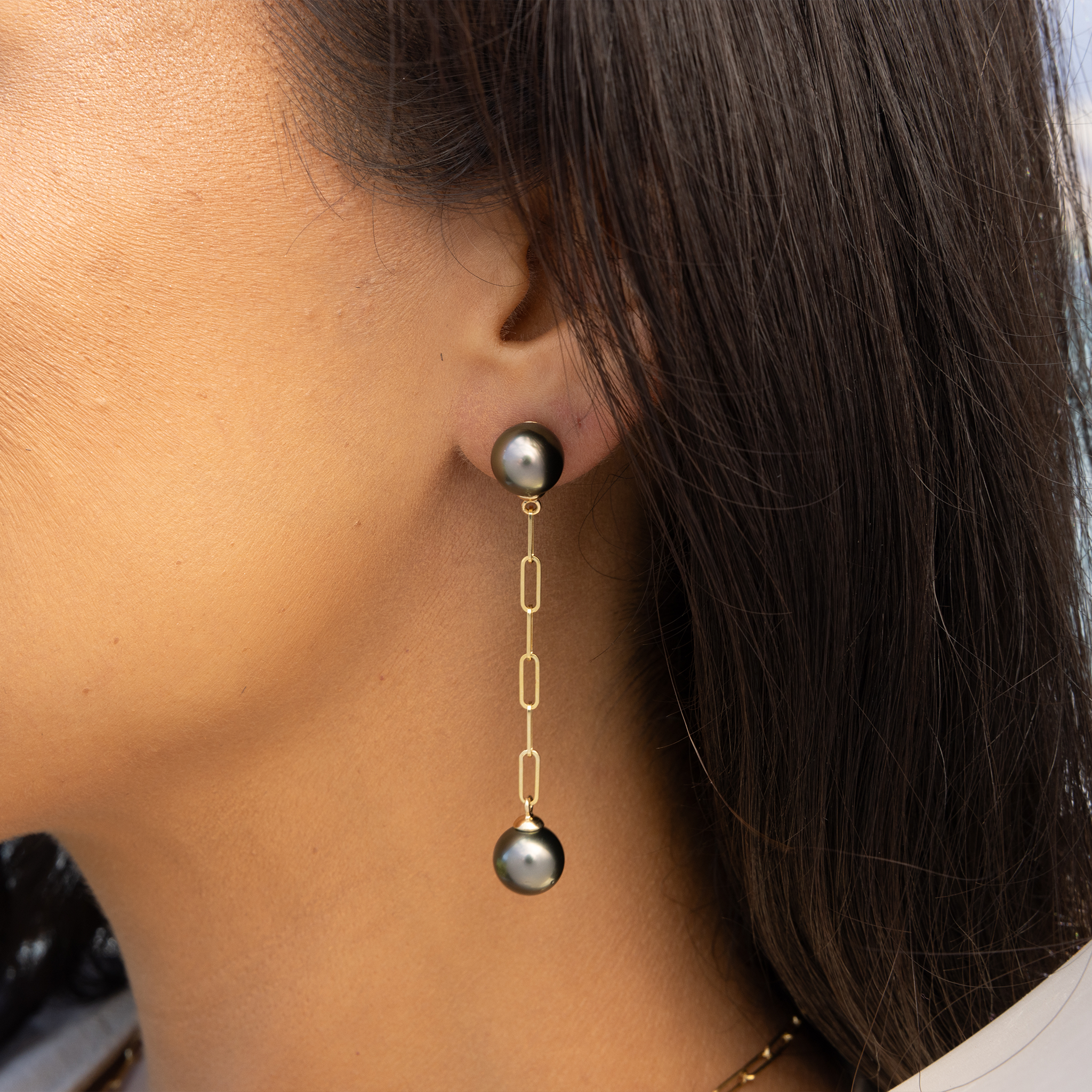 9-10mm Tahitian Black Pearl Paperclip Chain Earrings in 14k Yellow Gold on ear