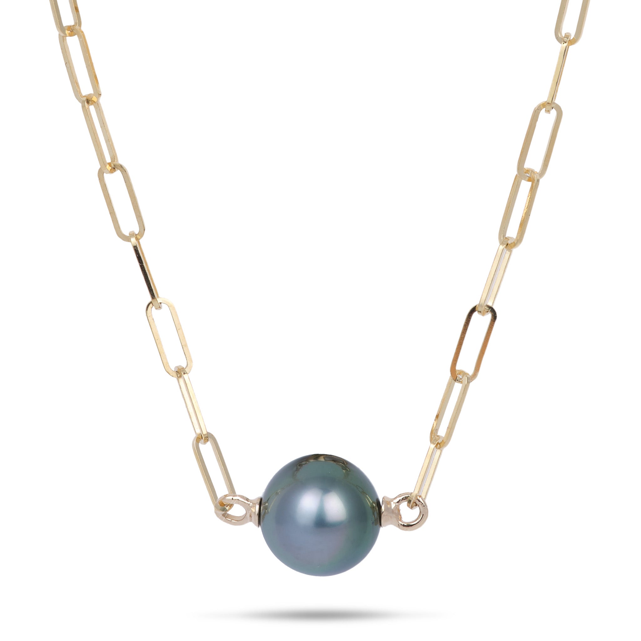 16-17" Tahitian Black Pearl Paperclip Chain Necklace in Gold - 10-11mm