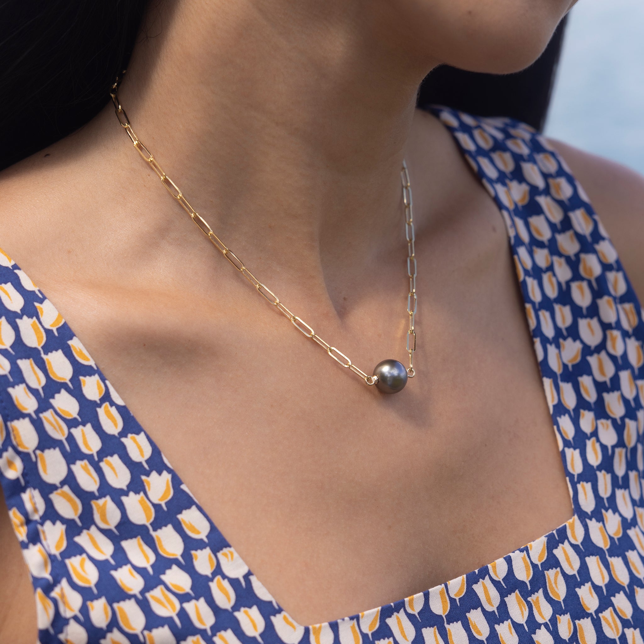 16-17" Tahitian Black Pearl Paperclip Chain Necklace in Gold - 12-13mm