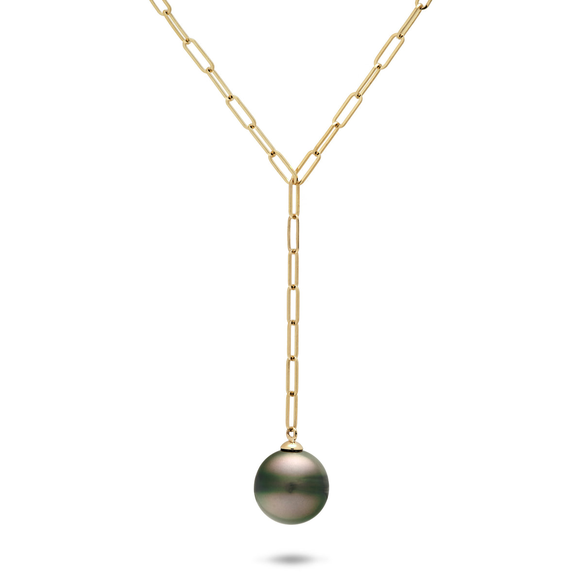18" Y-shaped paperclip Necklace in 14k Yellow Gold with a 12-14mm Tahitian Black Pearl at the end, on a white background