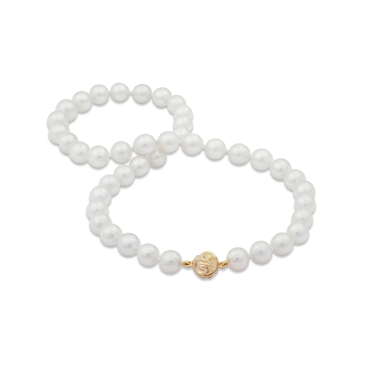 18-19" 9-10mm South Sea White Pearl Strand with Magnetic Clasp in Gold on a white background