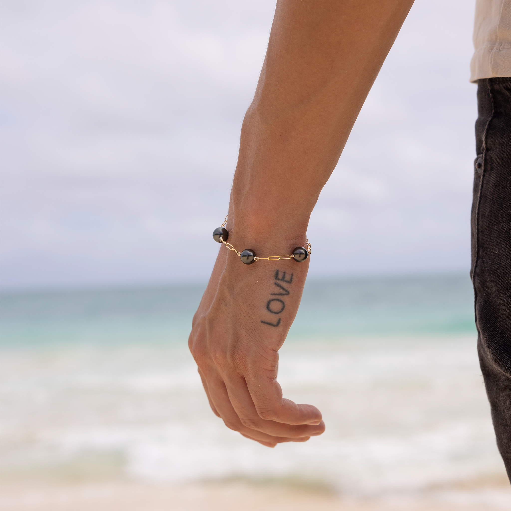 7.5-8インチ ペーパークリップチェーン タヒチアンブラックパールブレスレット ゴールド - 9-10mm