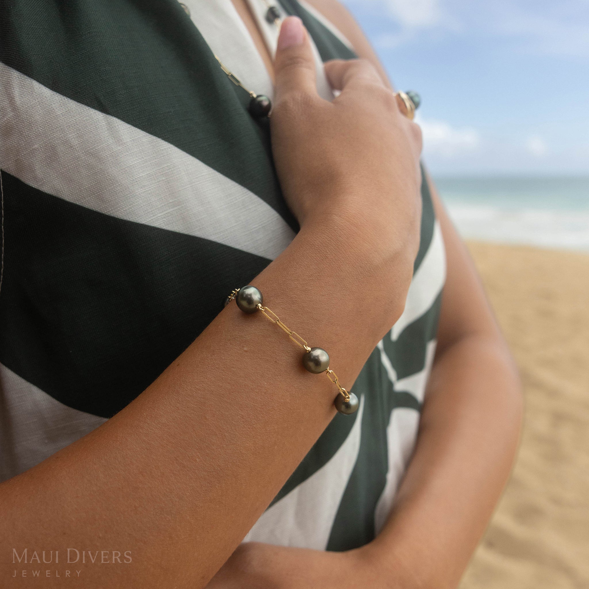 7.5-8インチ ペーパークリップチェーン タヒチアンブラックパールブレスレット ゴールド - 9-10mm