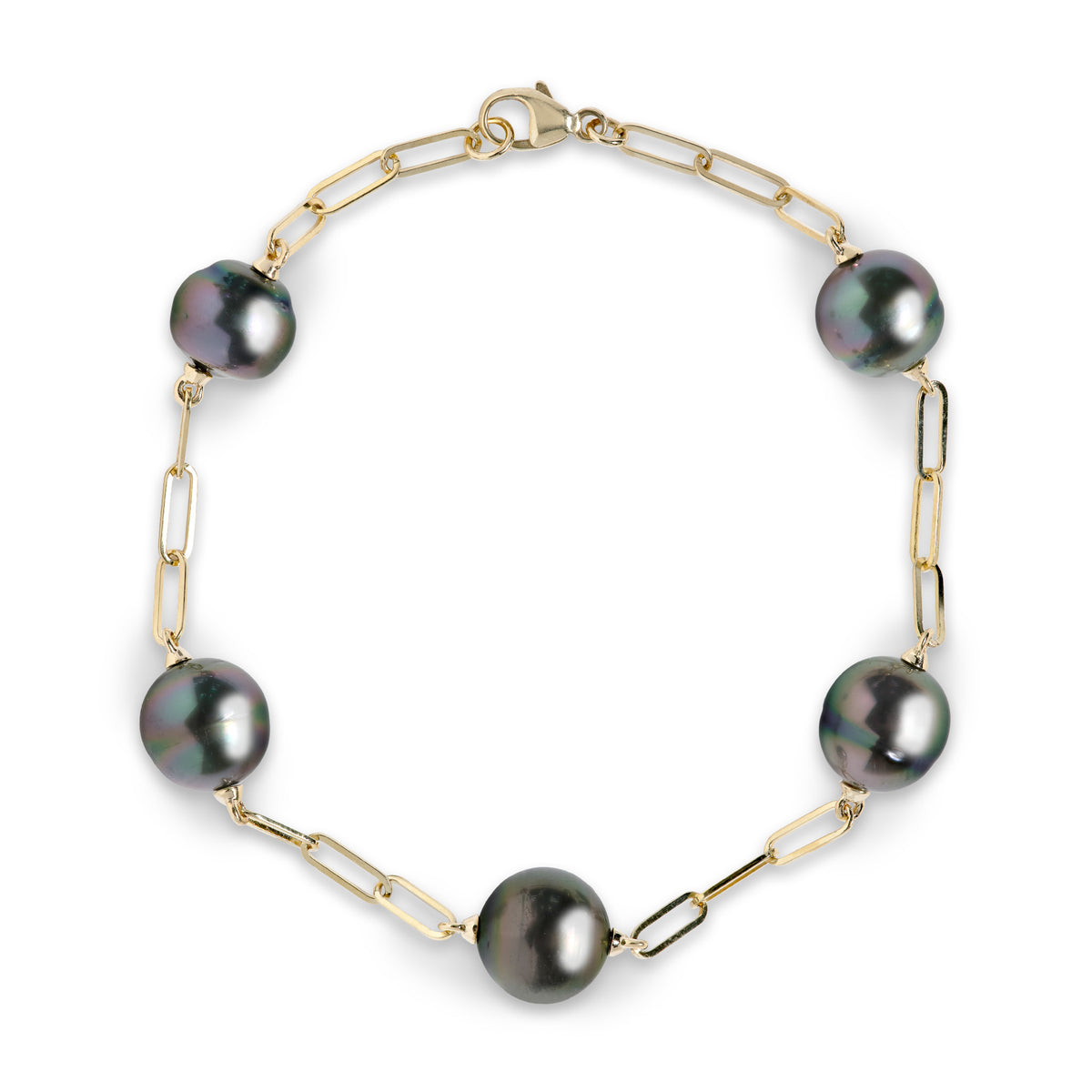 A 14k yellow gold paperclip chain bracelet with five circle Tahitian black pearls, shown on a white background