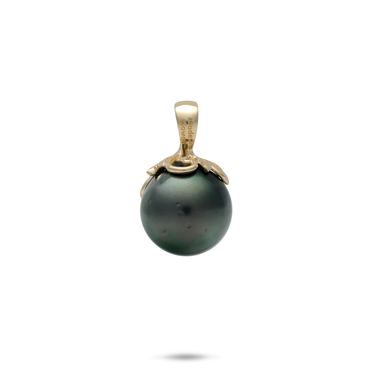 Backside of a 14k gold pendant featuring a 12-13mm Tahitian Black Pearl showcasing the "Made In Hawaii" metal stamp on the bail against a white background