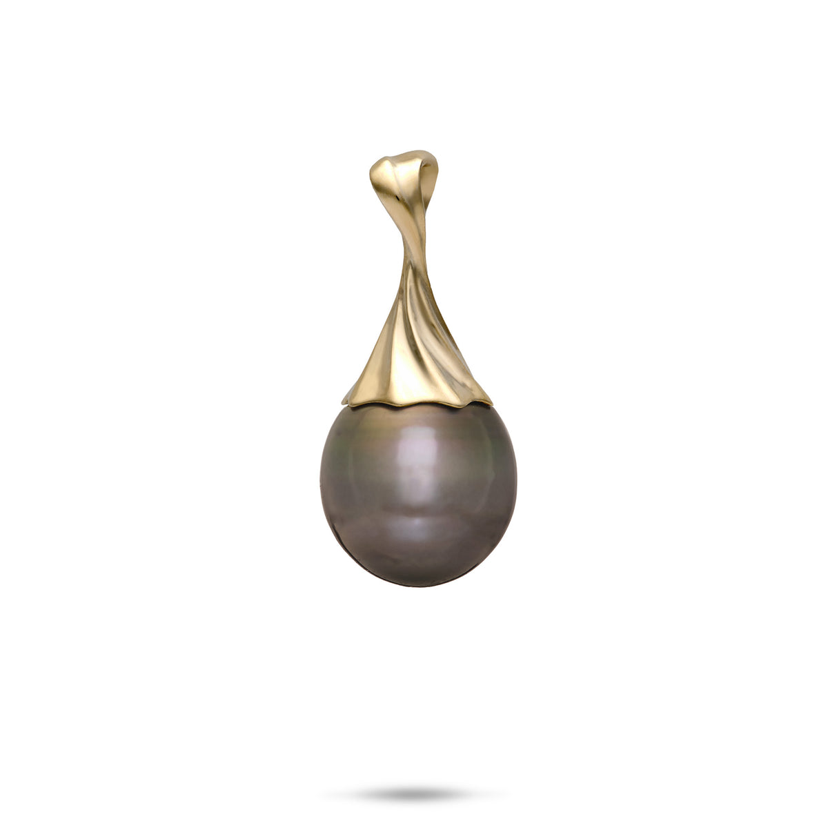 14k yellow gold Waterfall Pendant with a 12-14mm Circle Tahitian Black Pearl on a white background