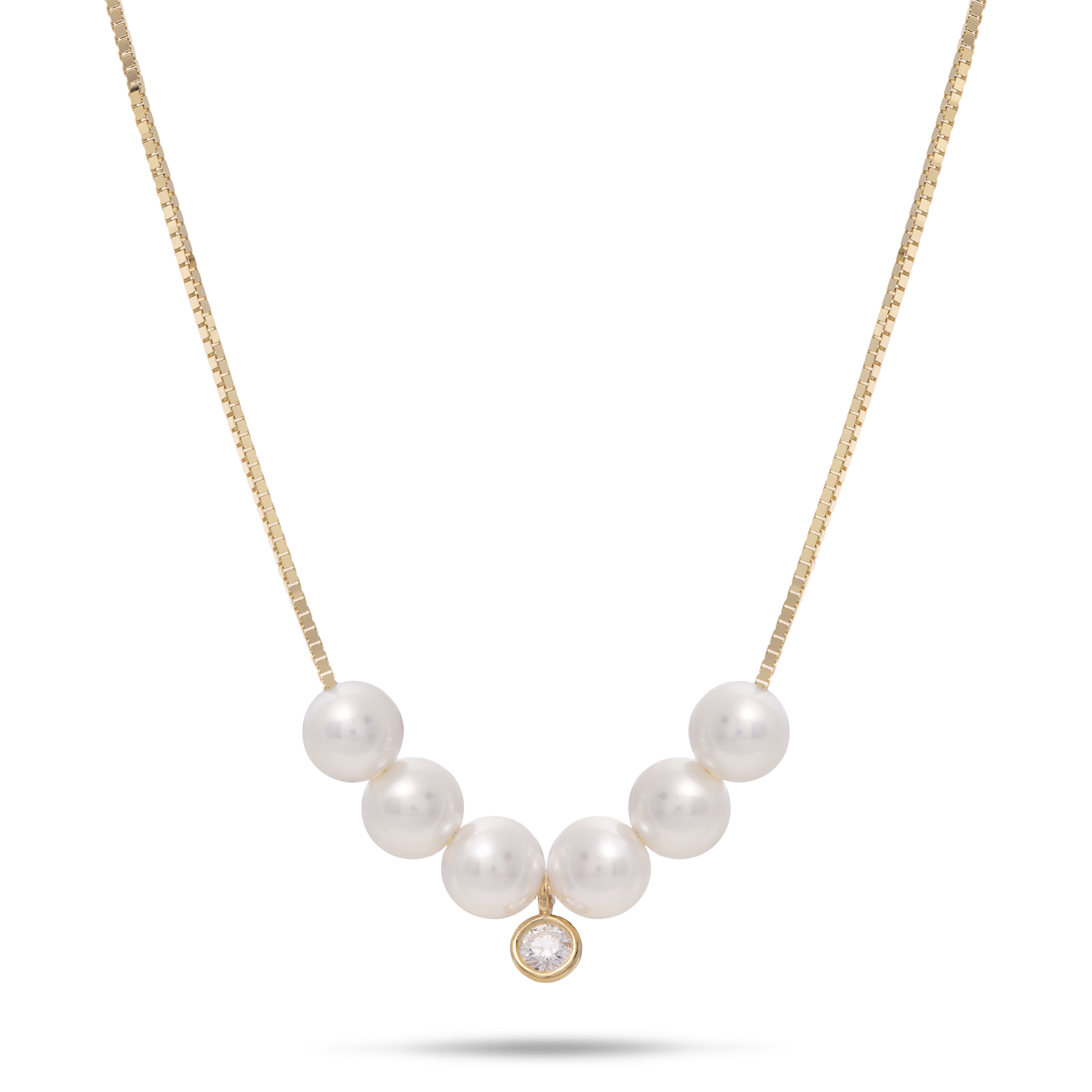 16-18" Adjustable Akoya White Pearl Necklace in Gold with Diamond - 4.5-5mm