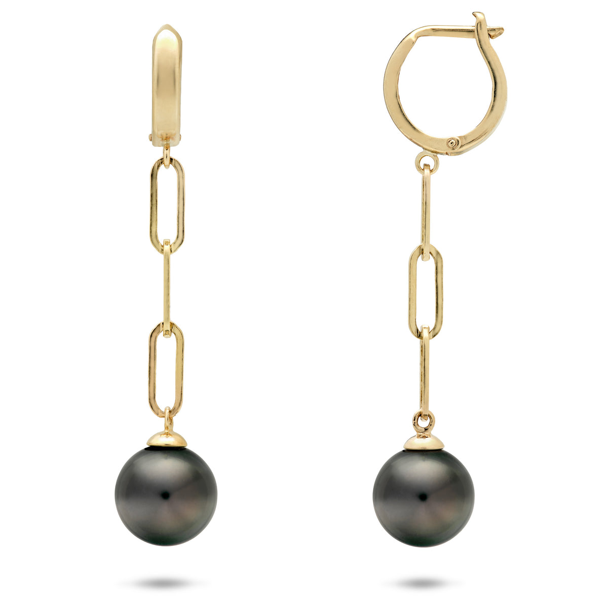 A pair of 14k yellow gold french clip dangle earrings, a short paperclip chain with simple cap posts holding 10-11mm Tahitian Black Pearls against on a white background