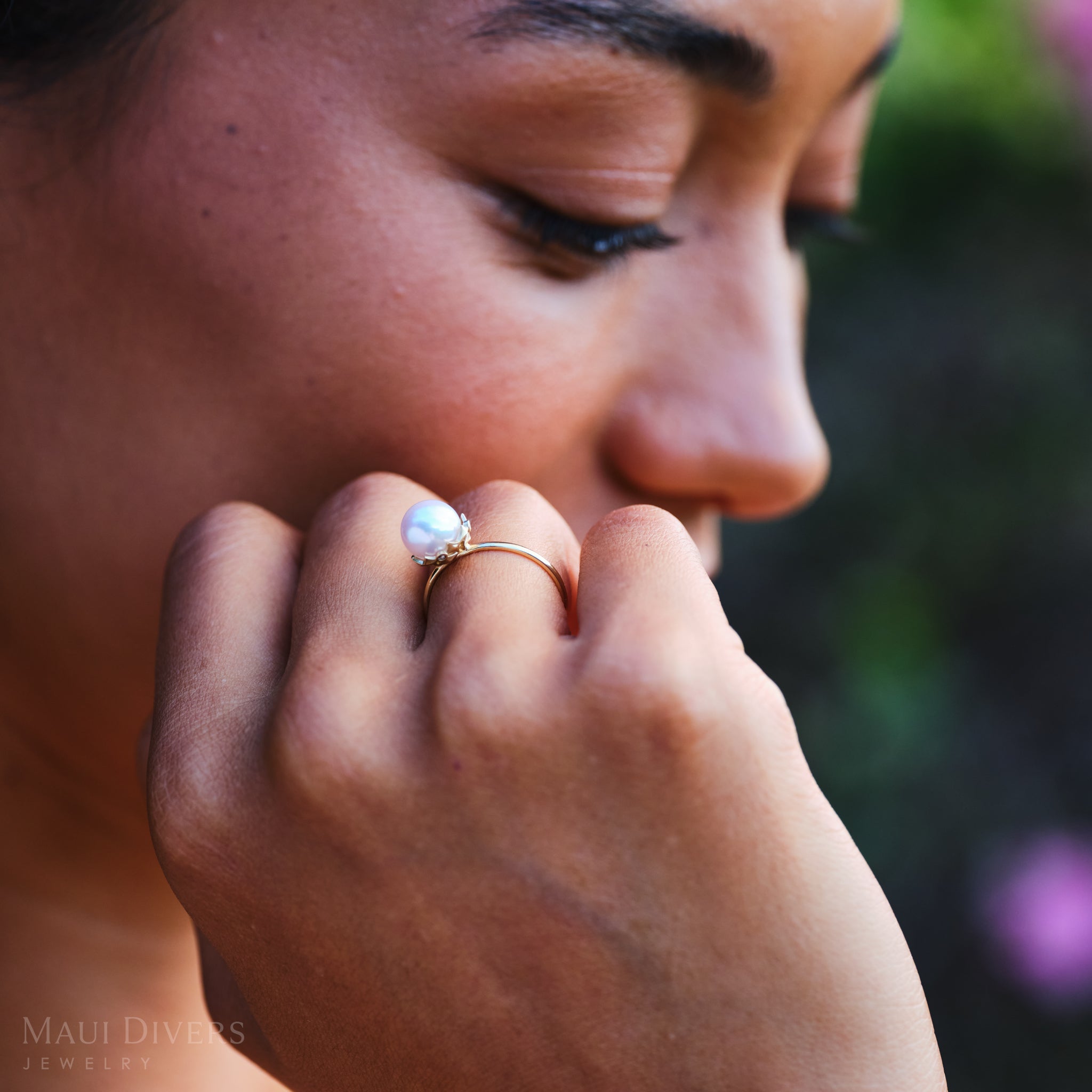 Hawaiian Quilted Star Akoya White Pearl Ring in Gold with Diamonds - 8mm