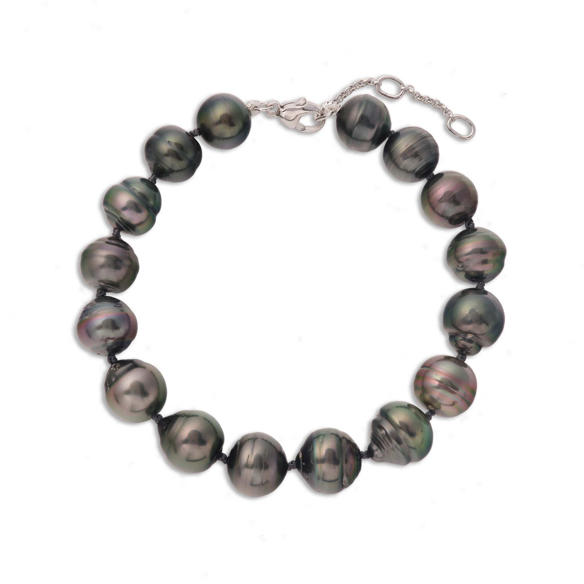7.5-9" Adjustable Tahitian Black Pearl Bracelet in White Gold - 10-12mm