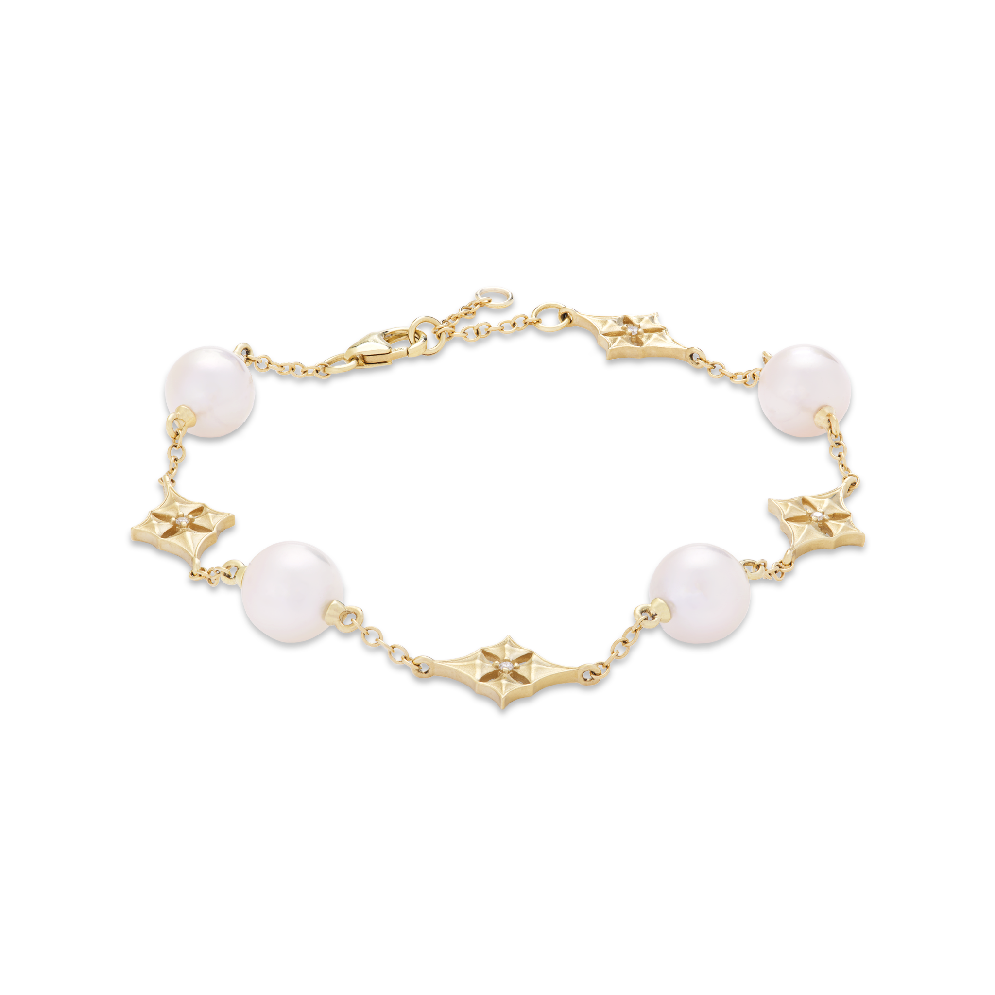 7-8" Hawaiian Quilted Star Akoya White Pearl Bracelet in Gold with Diamonds - 8mm