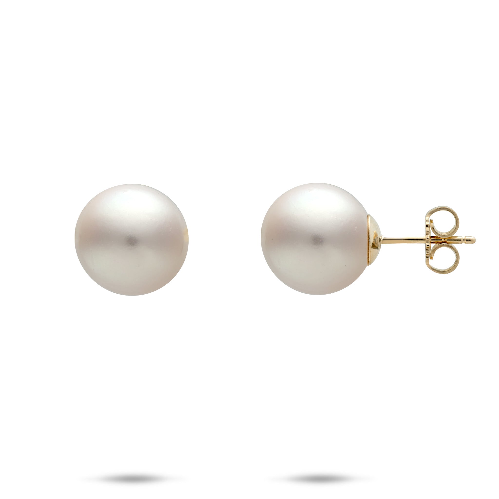 A set of 11-12mm White Freshwater Pearl Stud Earrings in 14k Yellow Gold, shown on a white background