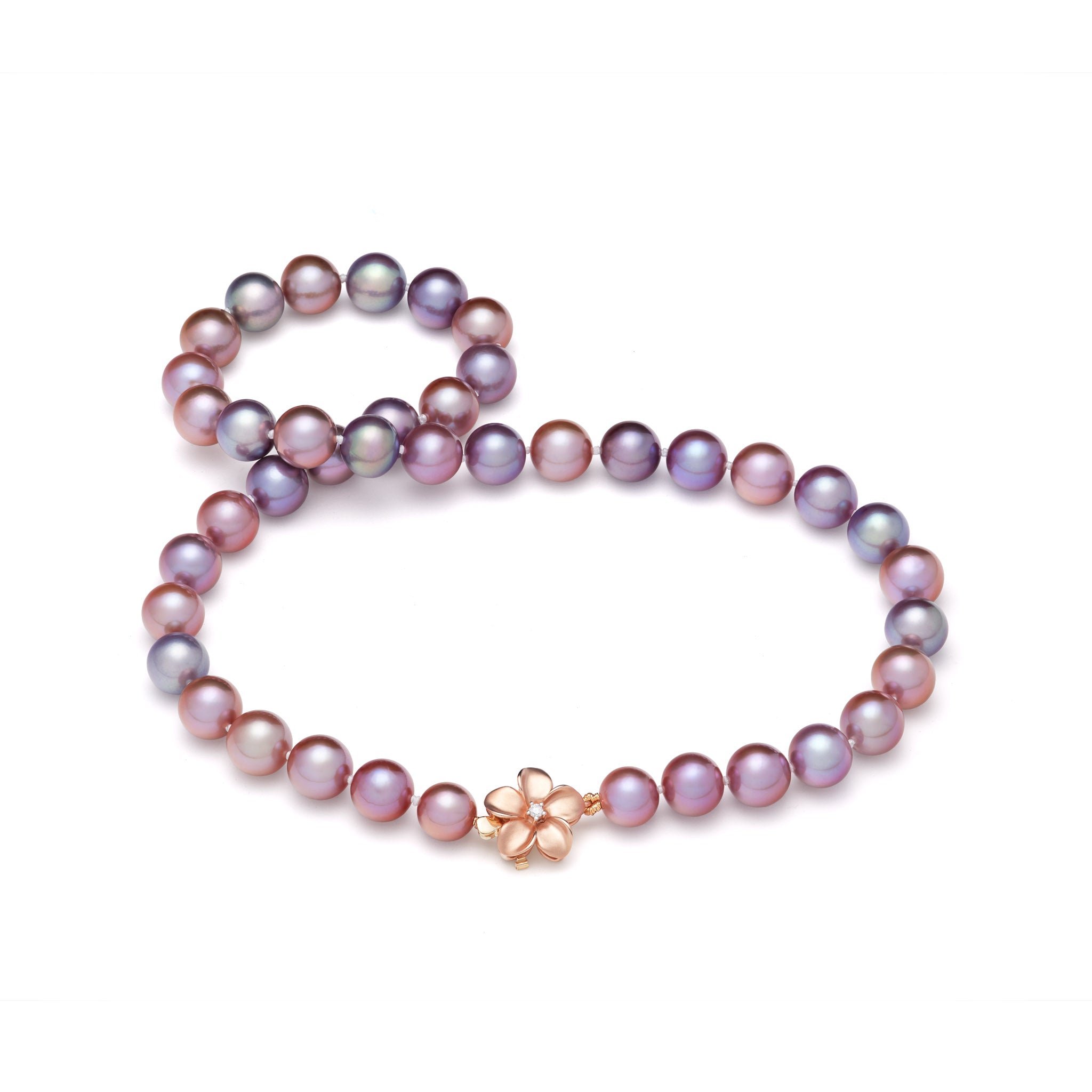 19.25" Freshwater Pearl Strand with Diamond Plumeria Clasp in Rose Gold - 9-13mm