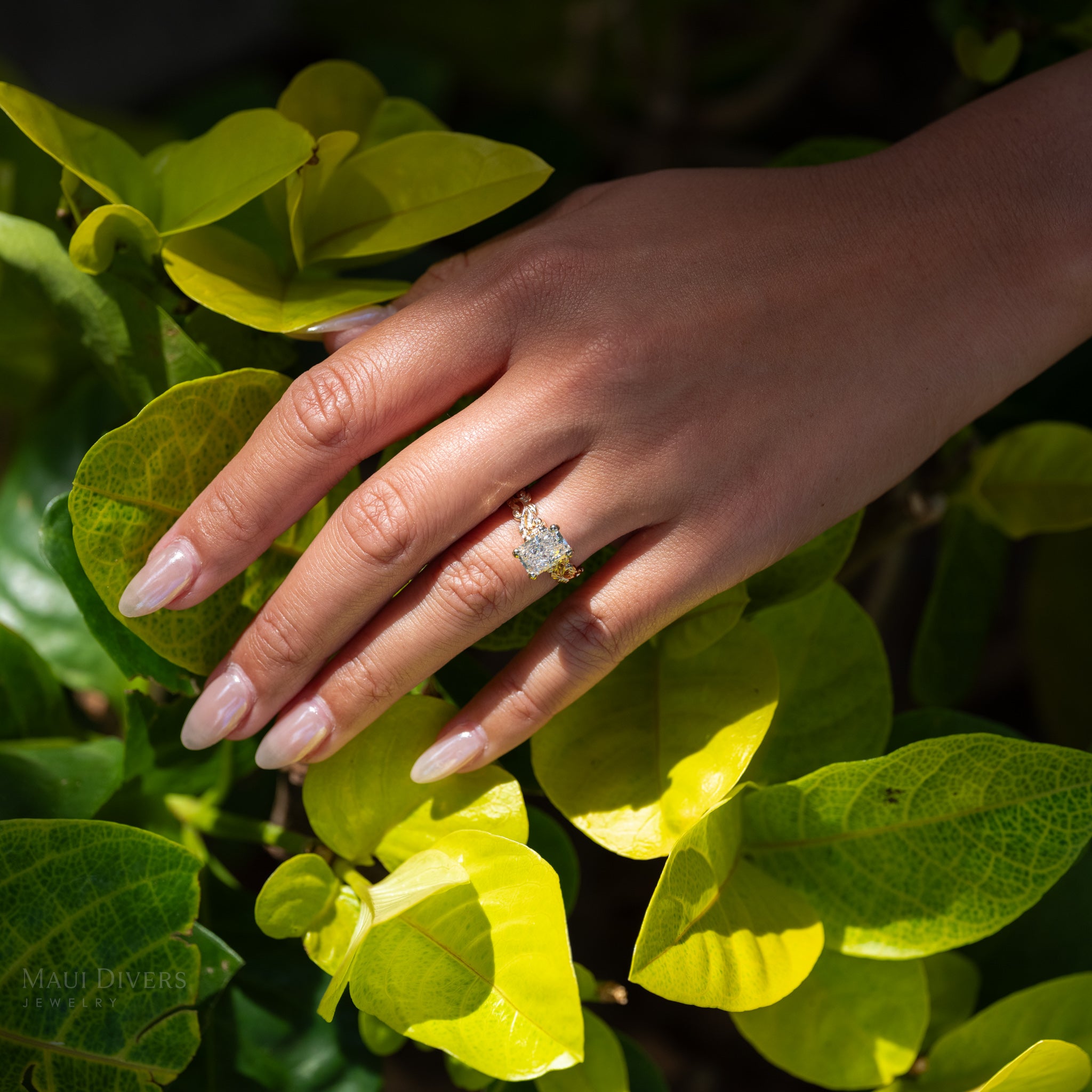 Close-up of a Living Heirloom Solitaire Lab Grown Diamond Engagement Ring in 14k yellow gold on a ring finger against a green leafy bush