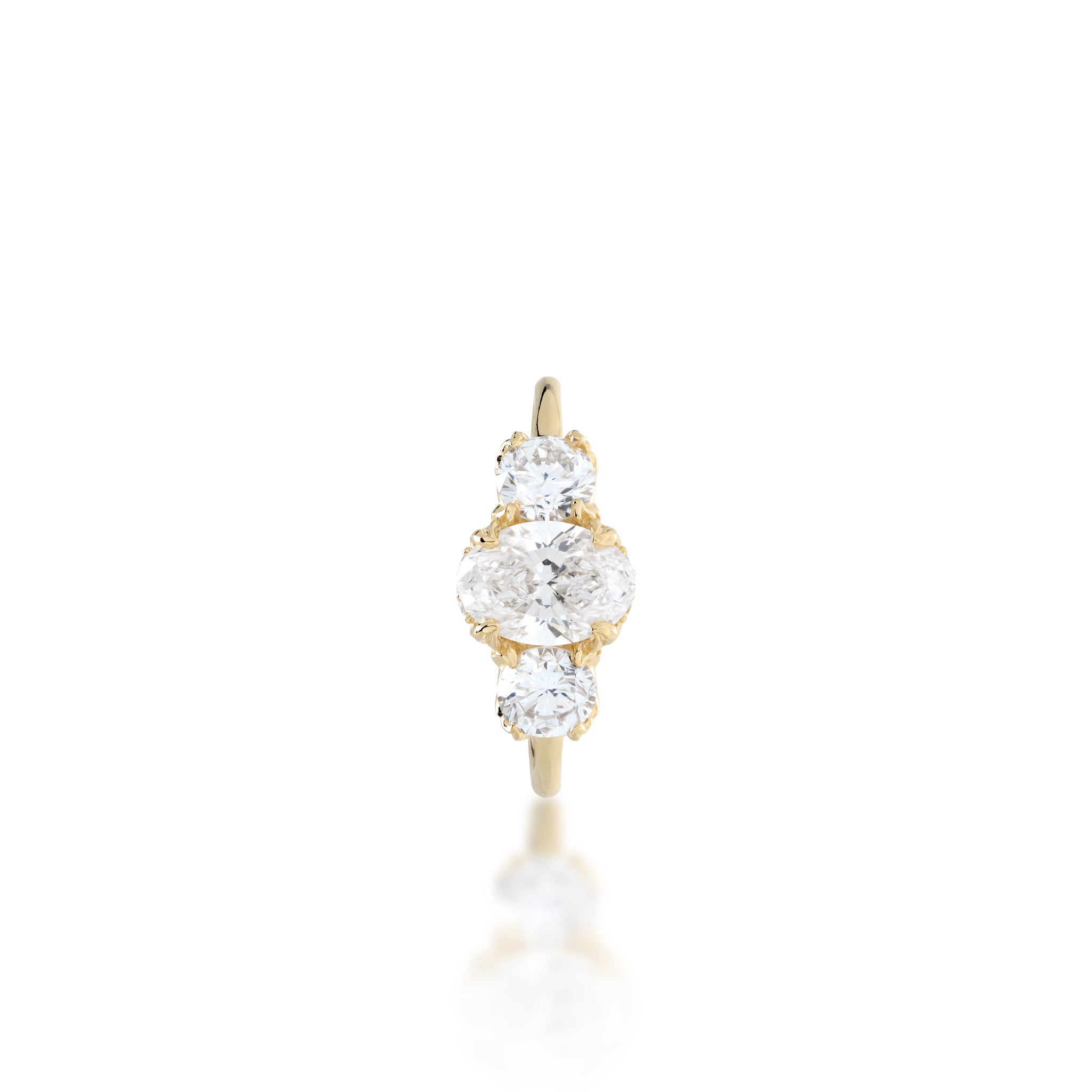 Front view of the Hidden Hawaiʻi Maile Three Stone Lab Grown Diamond Ring in 14k Yellow Gold