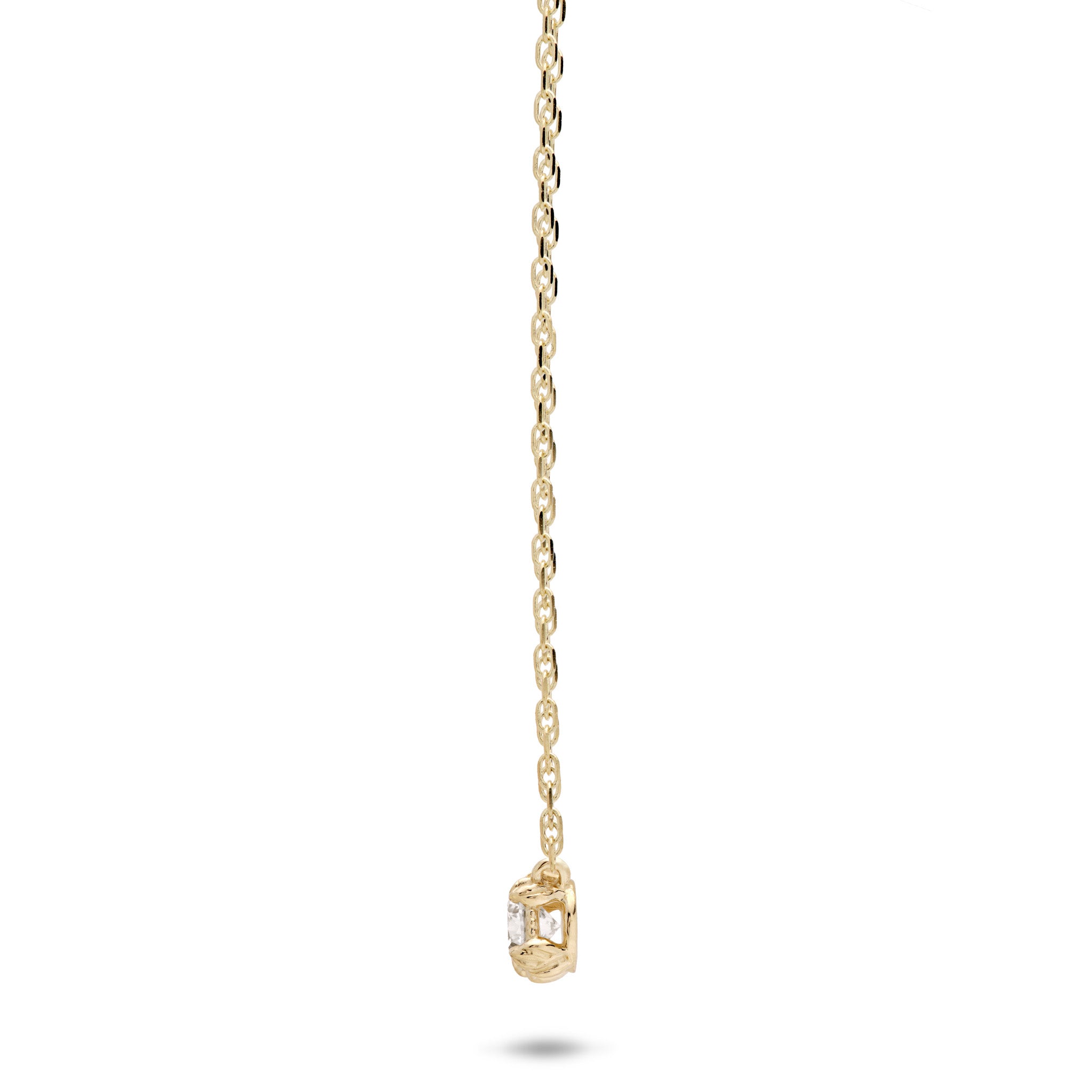 Side view of a Hidden Hawaiʻi Maile Lab Grown Diamond Necklace in 14k Yellow Gold on a white background