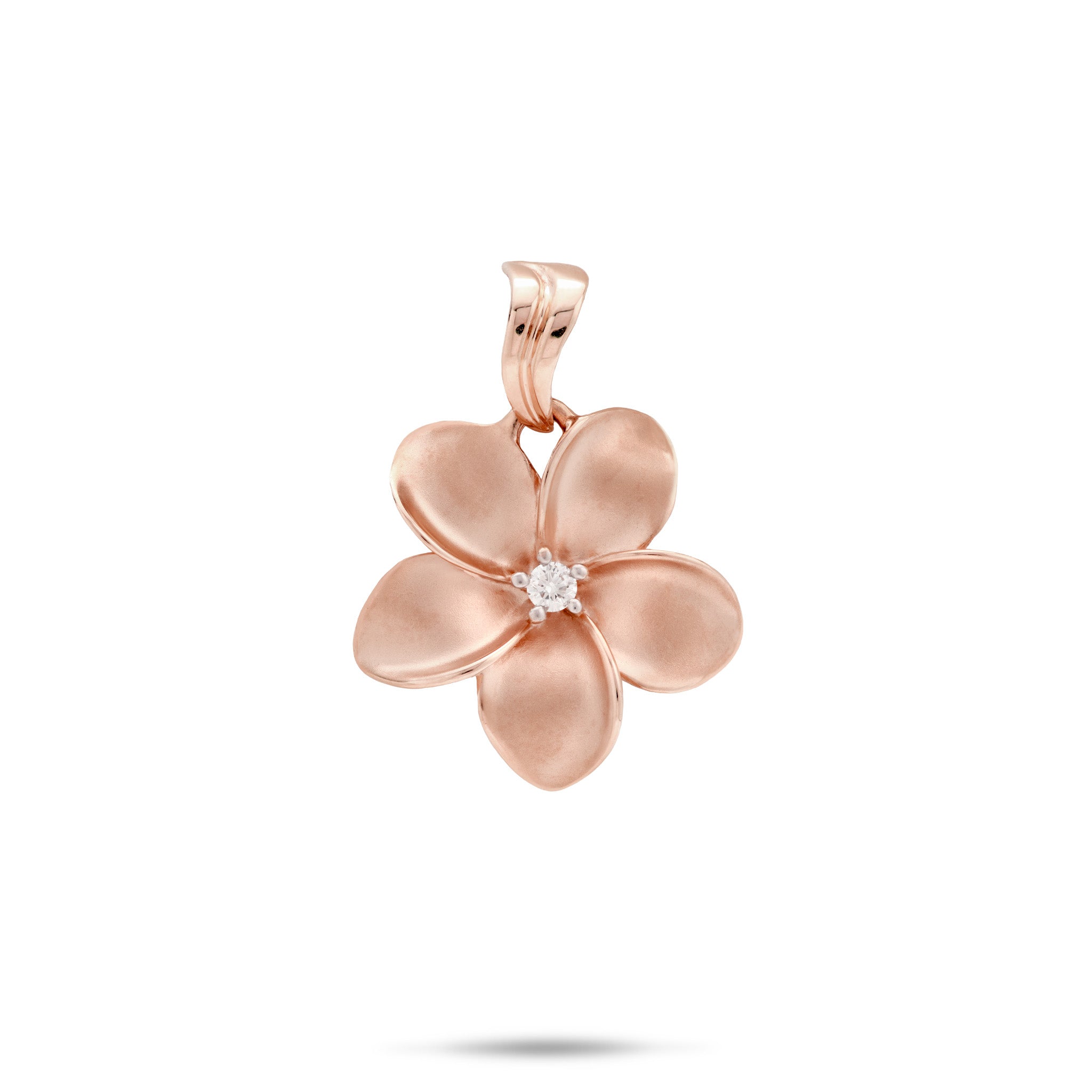 An 18mm 14k Rose Gold Plumeria Flower Pendant with five petals and diamond at the center and a wavy high-polish bail against a white background