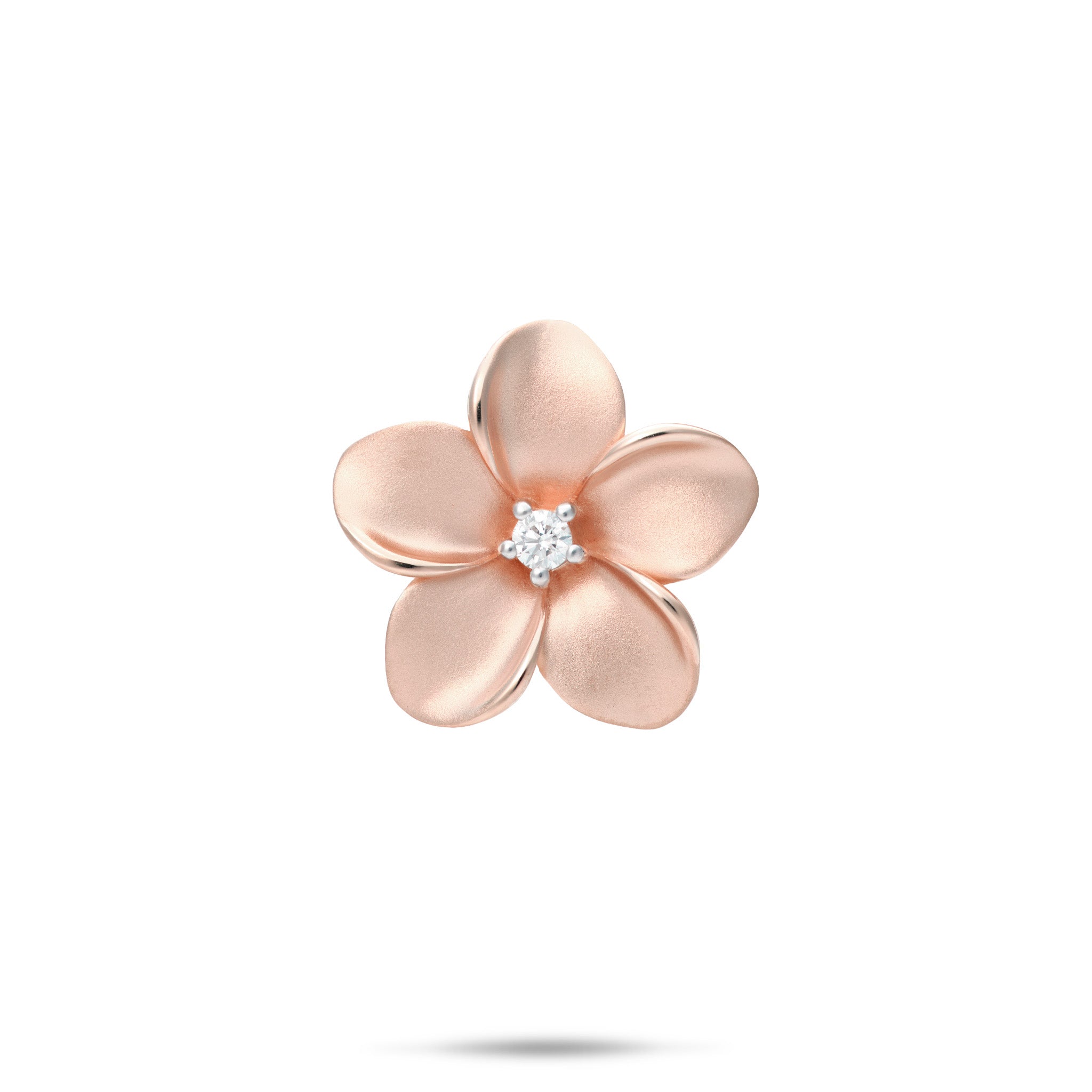 20mm Satin Finish Plumeria Pendant in Rose Gold with Diamond center on white background
