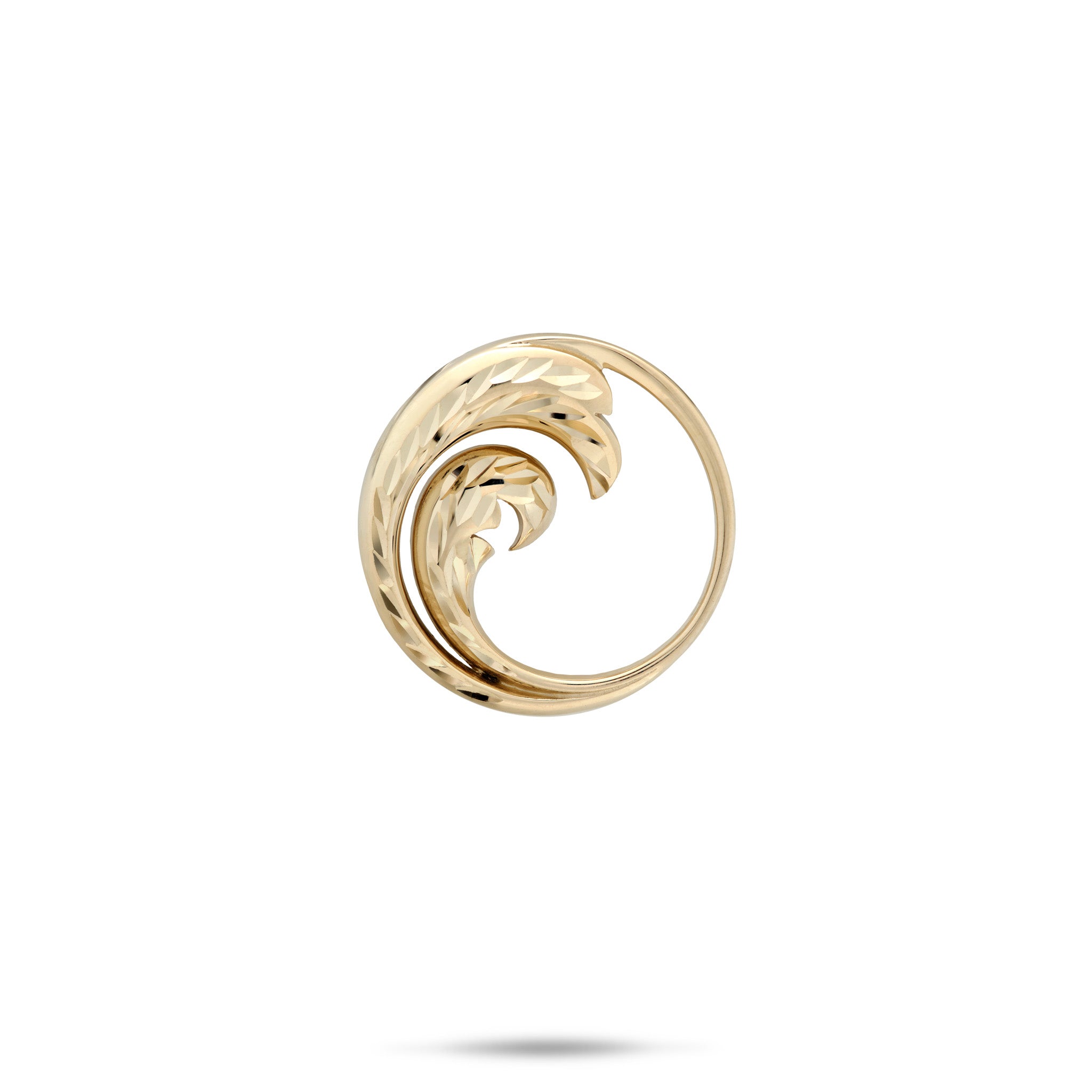 18mm Round, Diamond-Cut Ocean Wave Pendant in 14k Yellow Gold on a white background