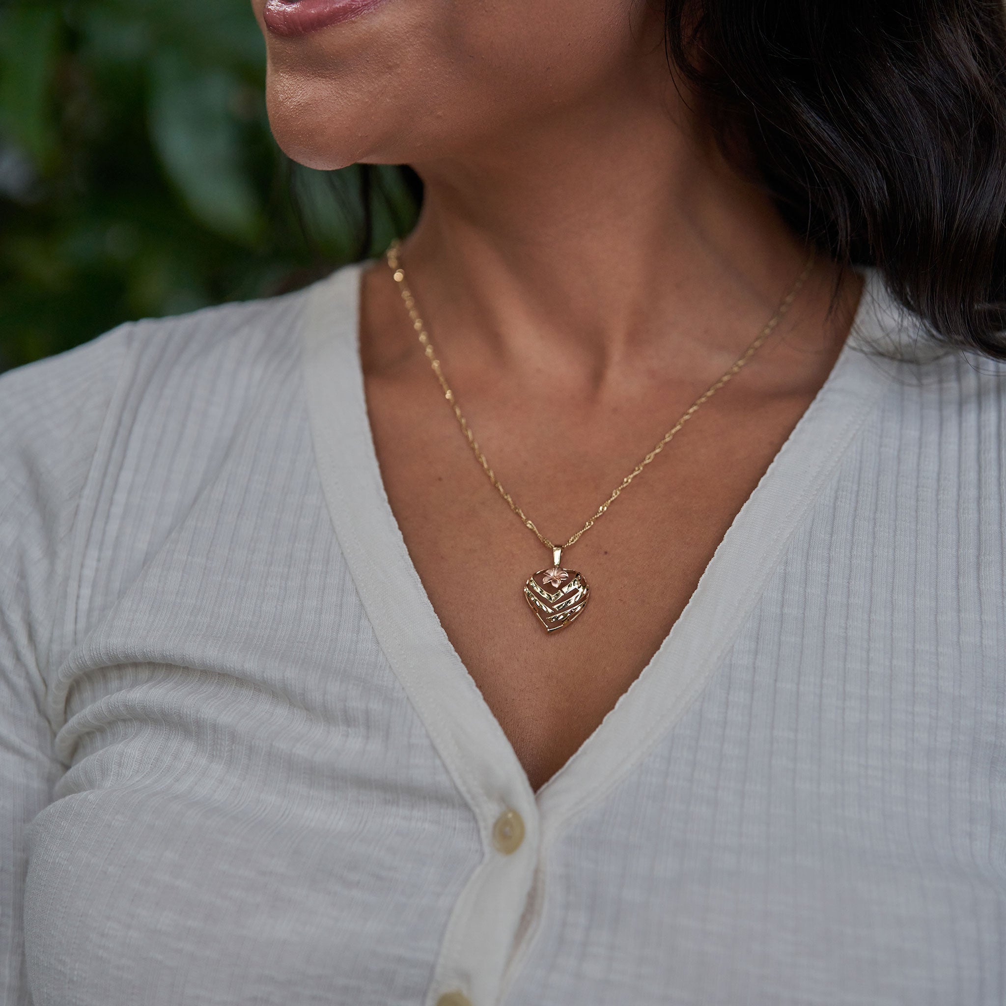 Aloha Heart Plumeria Pendant in Two Tone Gold - 18mm