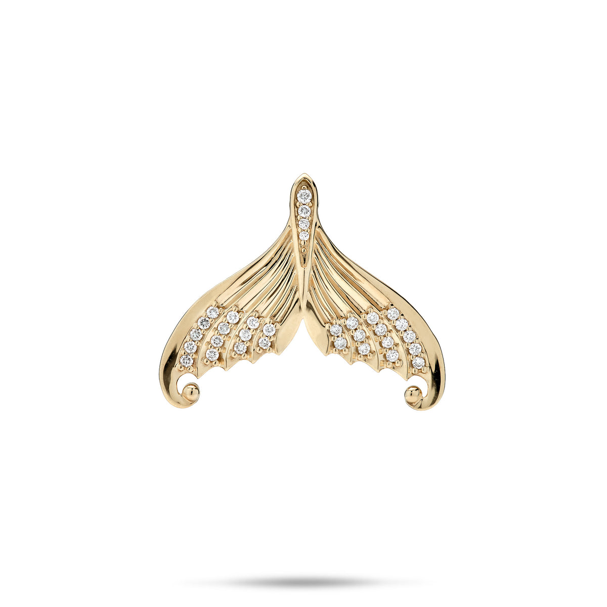 A 14k yellow gold mermaid tail pendant with a high-polish finish and diamond accents in the center and along each side of the bottom, shown on a white background