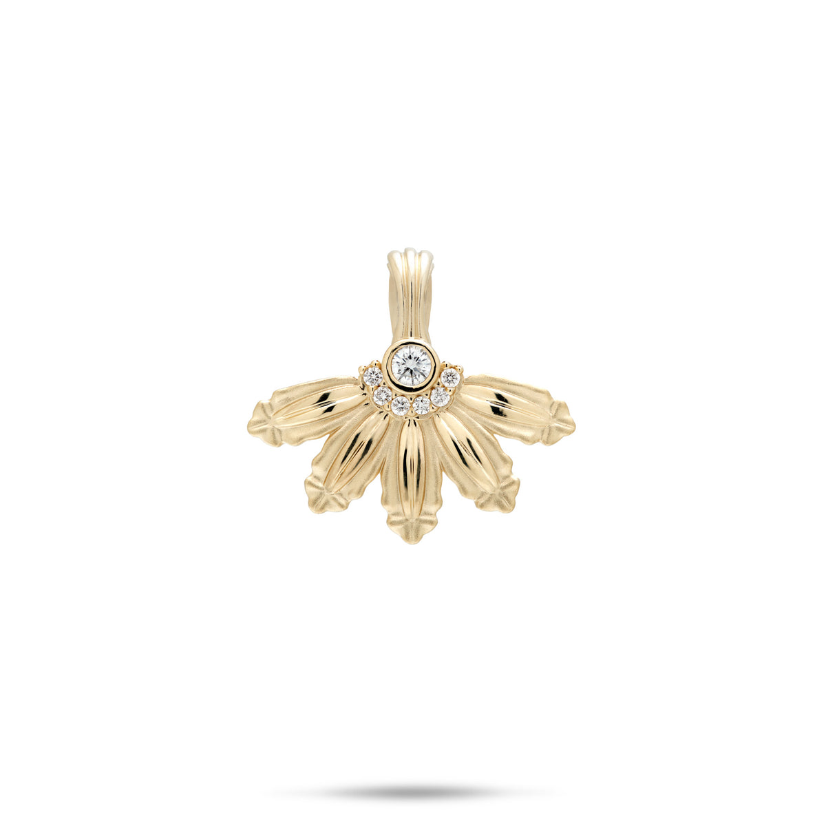 A 14k Yellow Gold Mountain Naupaka Flower Pendant with a center diamond and smaller diamonds around it and contrasting high-polish and satin finishes, shown on a white background