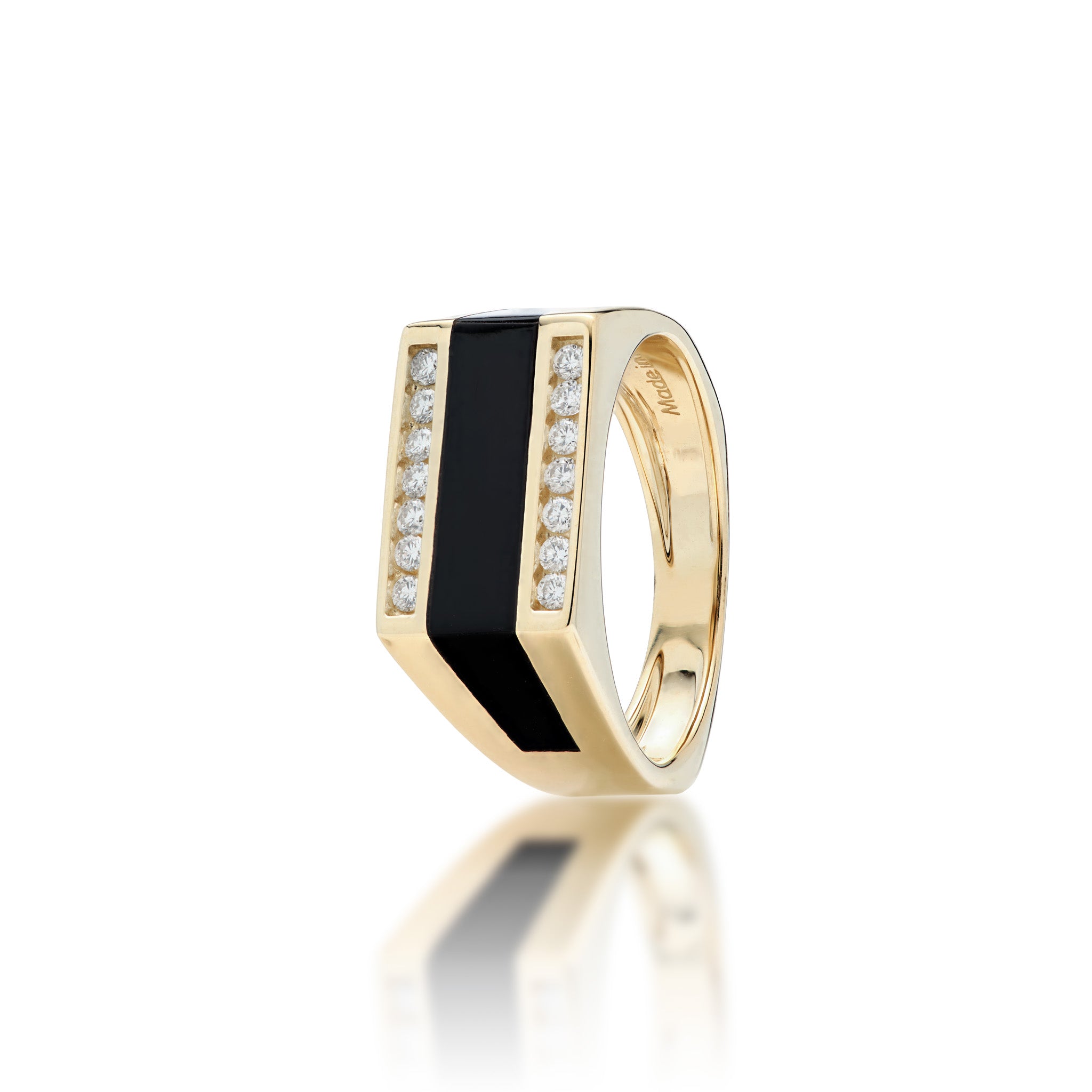 Tapered 10mm Ring in High-polish 14k Yellow Gold with a Hawaiian black coral inlay strip along the middle with a row of diamonds on each side on a white background