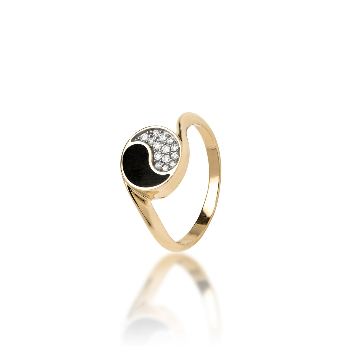 A 14k gold ring featuring a 10mm Yin Yang symbol with a Hawaiian black coral half and a pavé-set diamond half with white gold prongs, shown on a reflective white surface.
