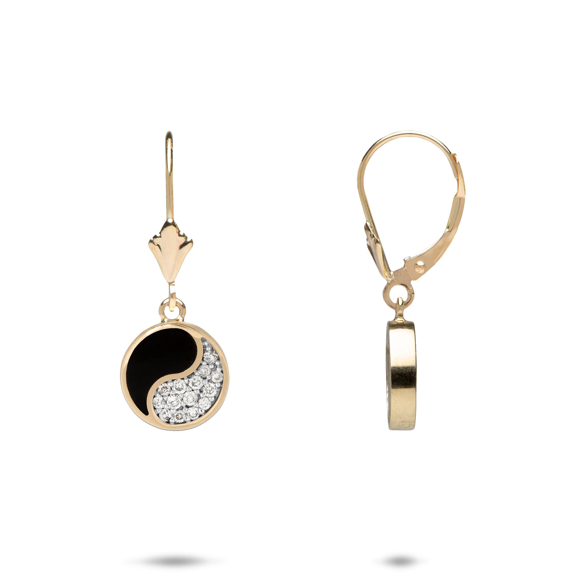 ダイヤモンドと金の陰陽の黒いコーラルイヤリング - 10mm