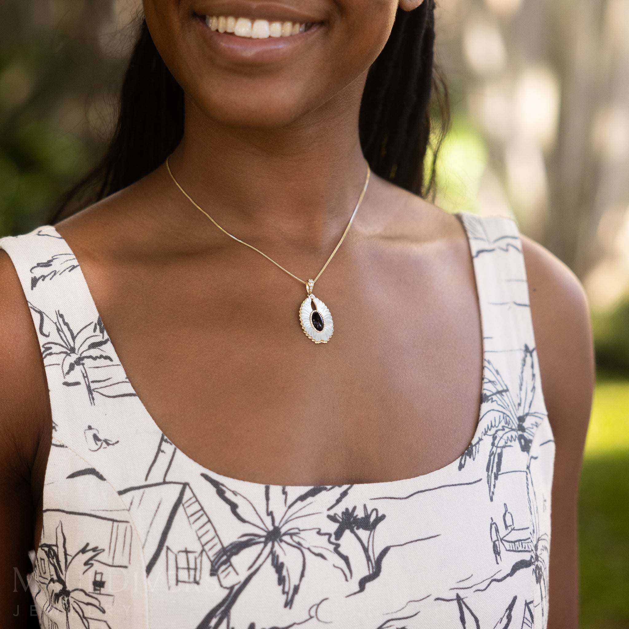 Pueo (Owl) Black Coral and Mother of Pearl Pendant in Gold with Diamonds - 28mm
