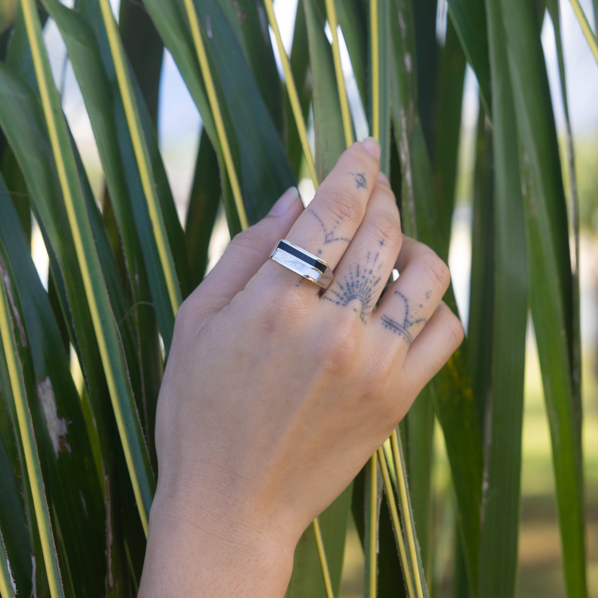 Black Coral Ring in Gold with Mother of Pearl
