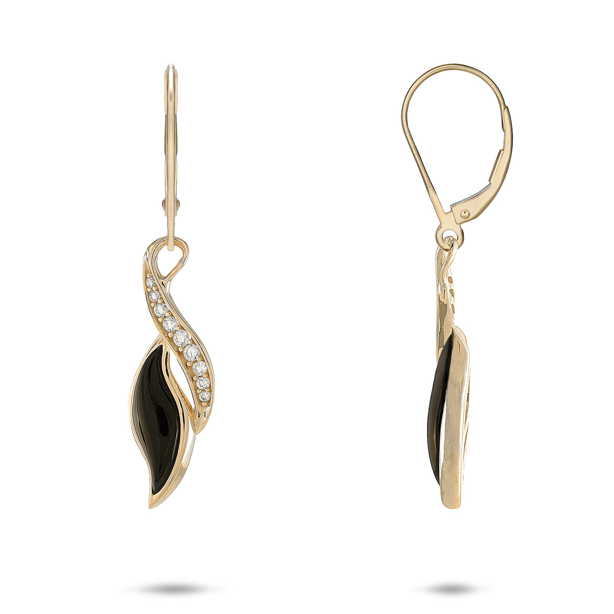 Paradise Black Coral Leverback Earrings in 14k Yellow Gold with Diamonds on white background