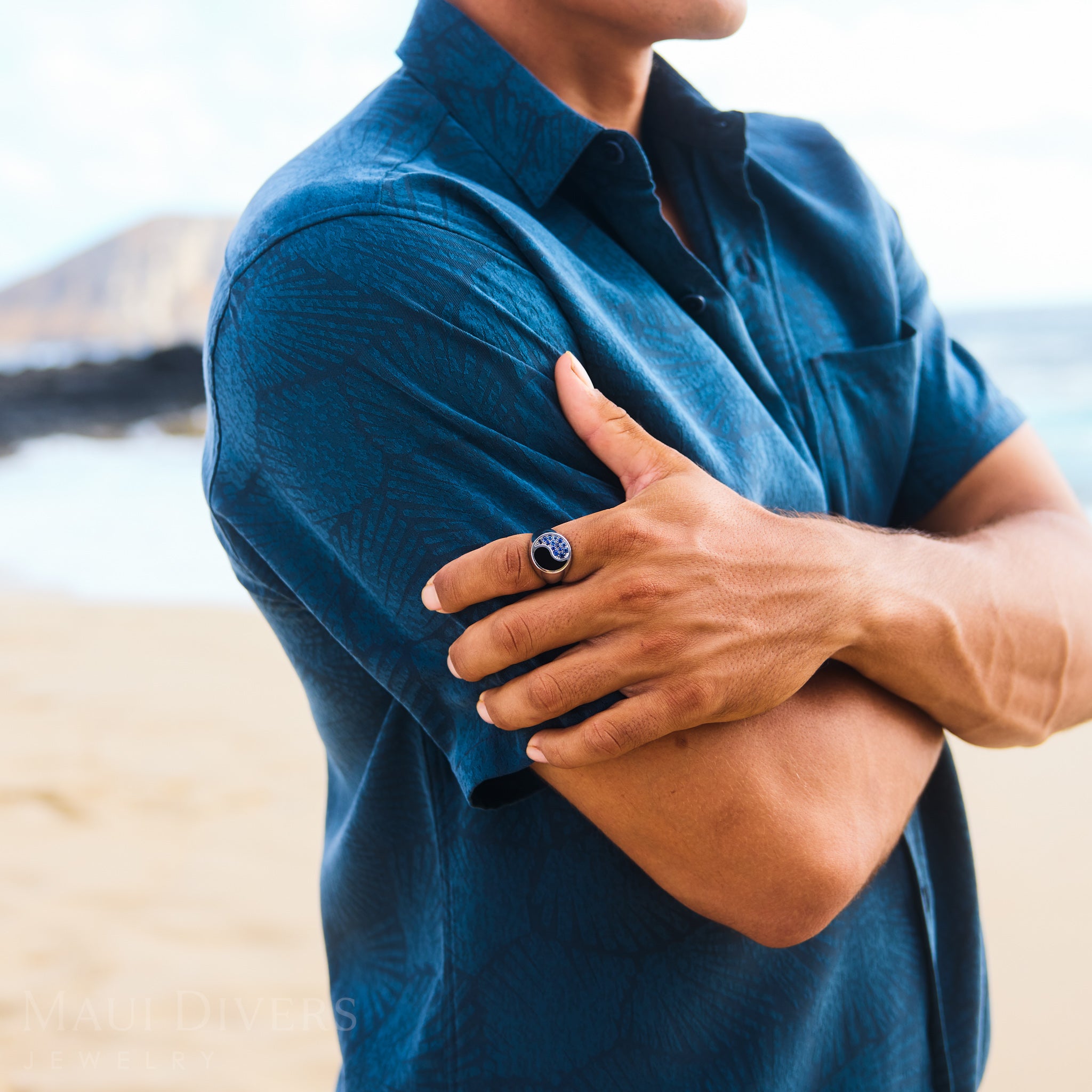 Yin Yang Black Coral Ring in White Gold with Blue Sapphires - 17.5mm