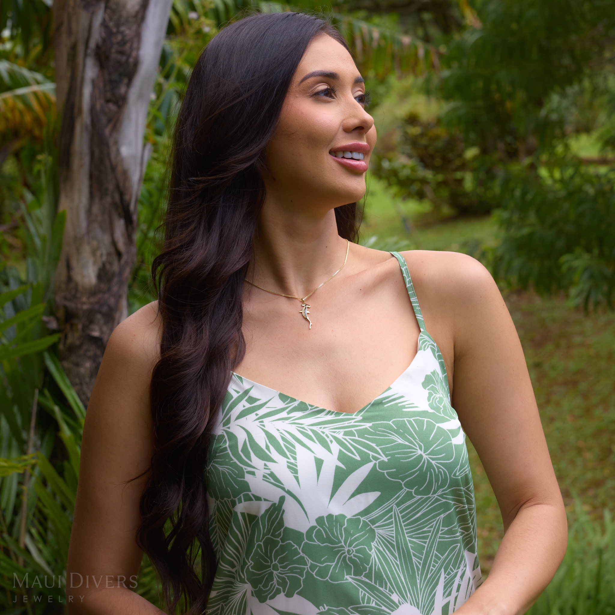 Sealife Hammerhead Shark Black Coral Pendant in Gold with Diamonds - 34mm