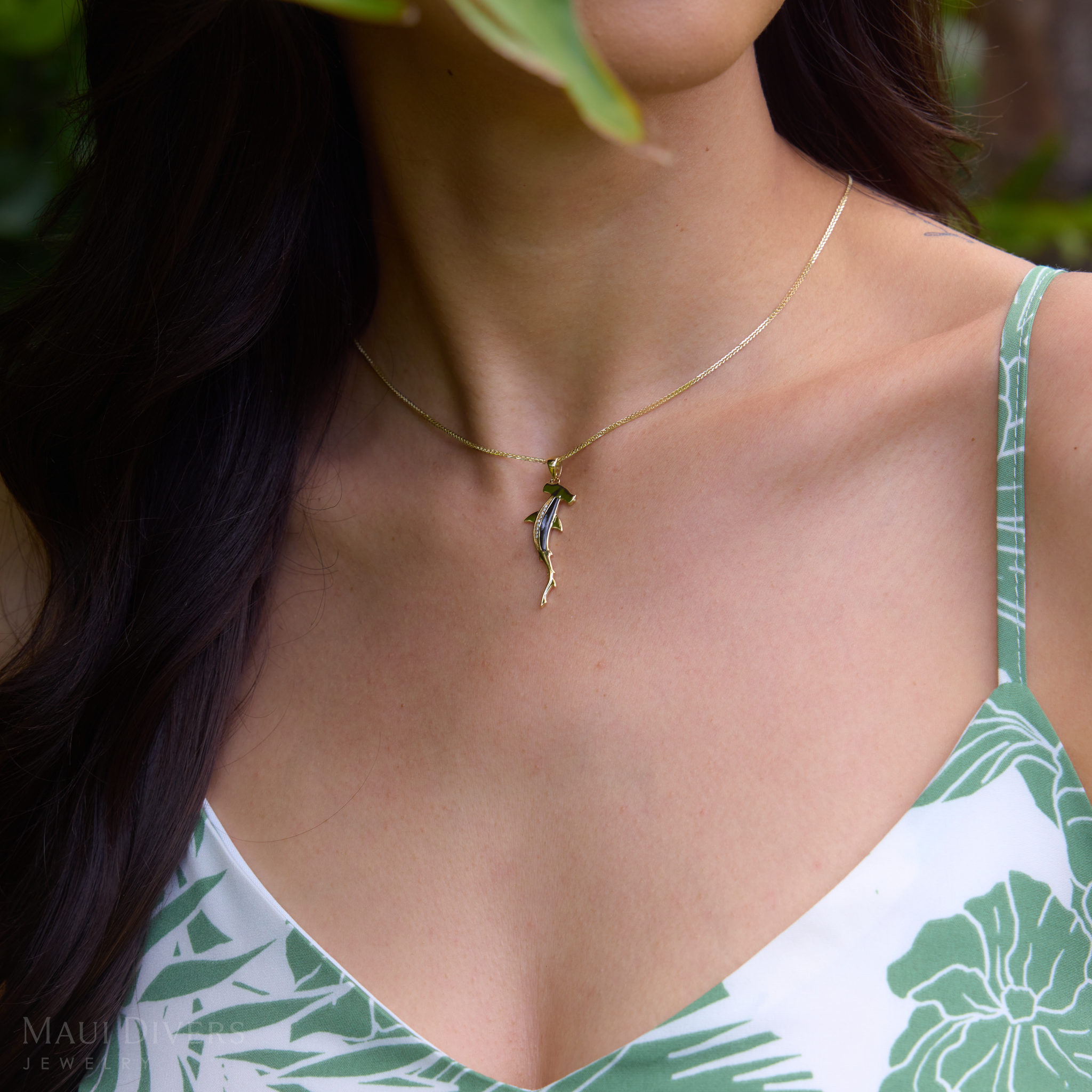 Sealife Hammerhead Shark Black Coral Pendant in Gold with Diamonds - 34mm