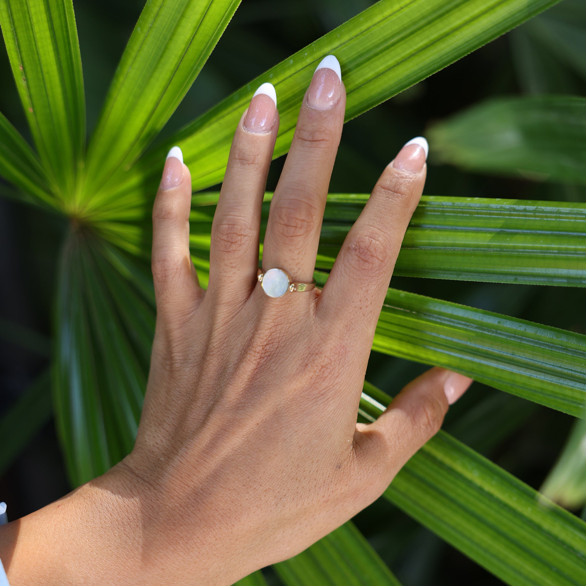 Woman wearing Eclipse Flipside Black Coral Ring in Gold - 9mm with palm tree background