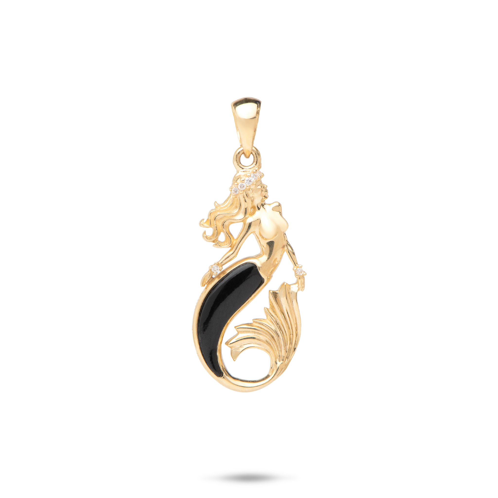 Sealife Mermaid Black Coral Pendant in Gold with Diamonds - 24mm