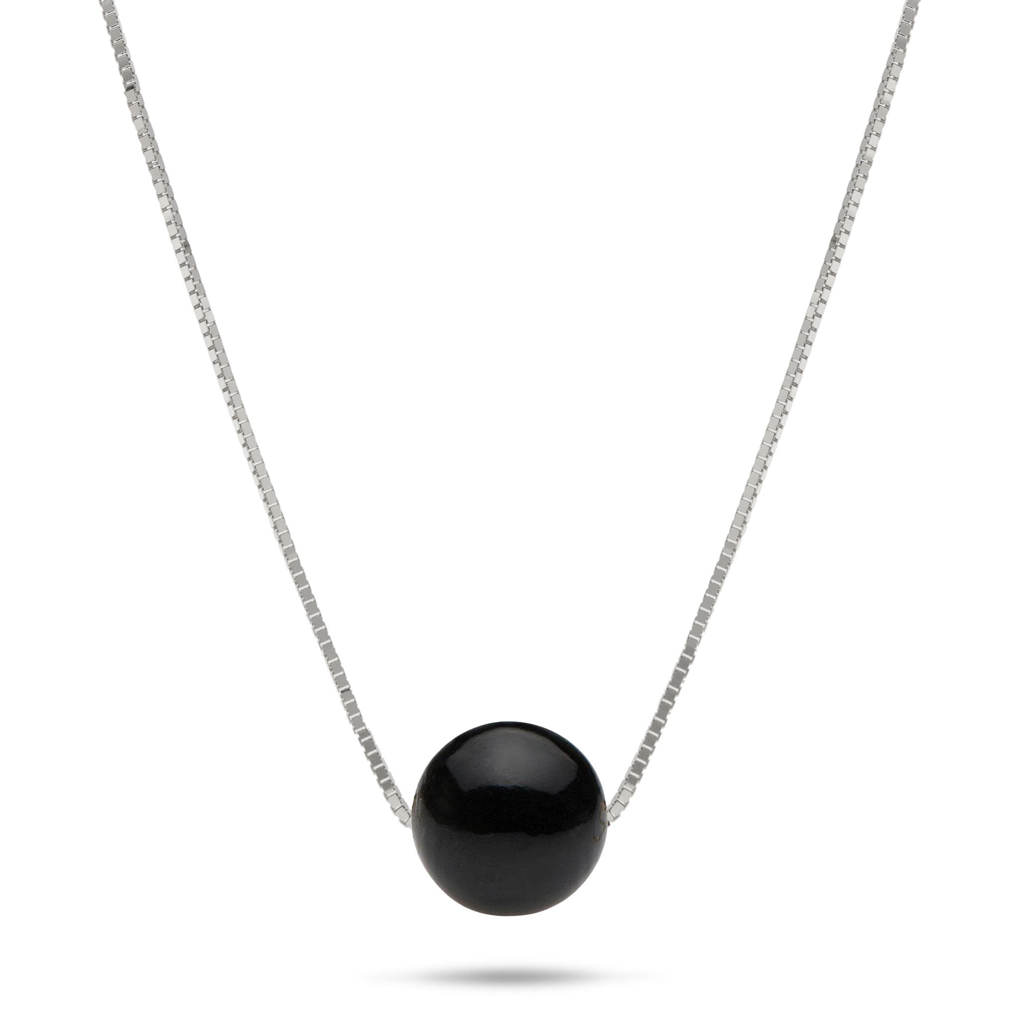 Hawaiian Black Coral Bead Slider 0.8mm Box Chain Necklace in 14k White Gold