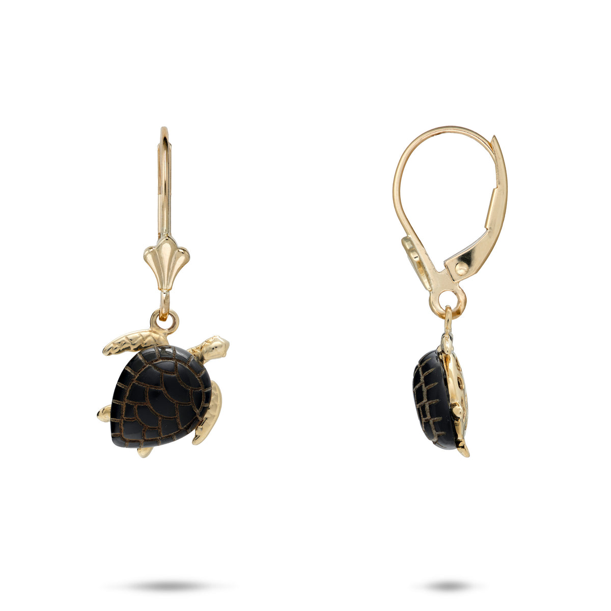 A pair of 14k yellow gold leverback earrings, one showing the front view and the other showing the side view, dangling from the leverback is a Hawaiian green sea turtle with etched Hawaiian black coral as the shell and life-like high-polish gold detailing for the head and legs, shown on a white background