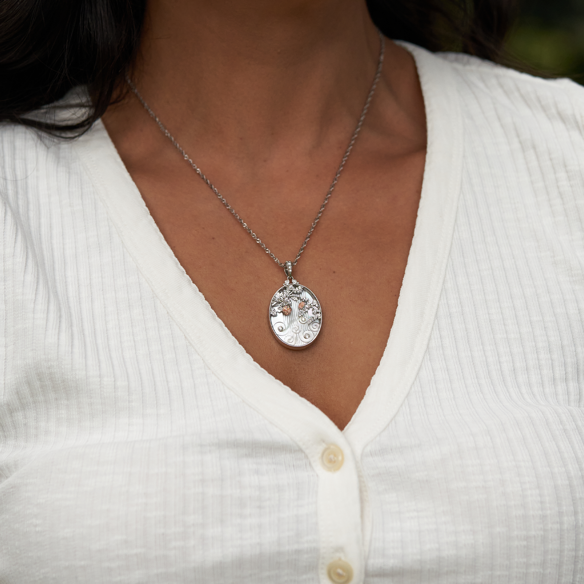 ʻŌhiʻa Lehua Waterfall Mother of Pearl Pendant in Two Tone Gold with Diamonds