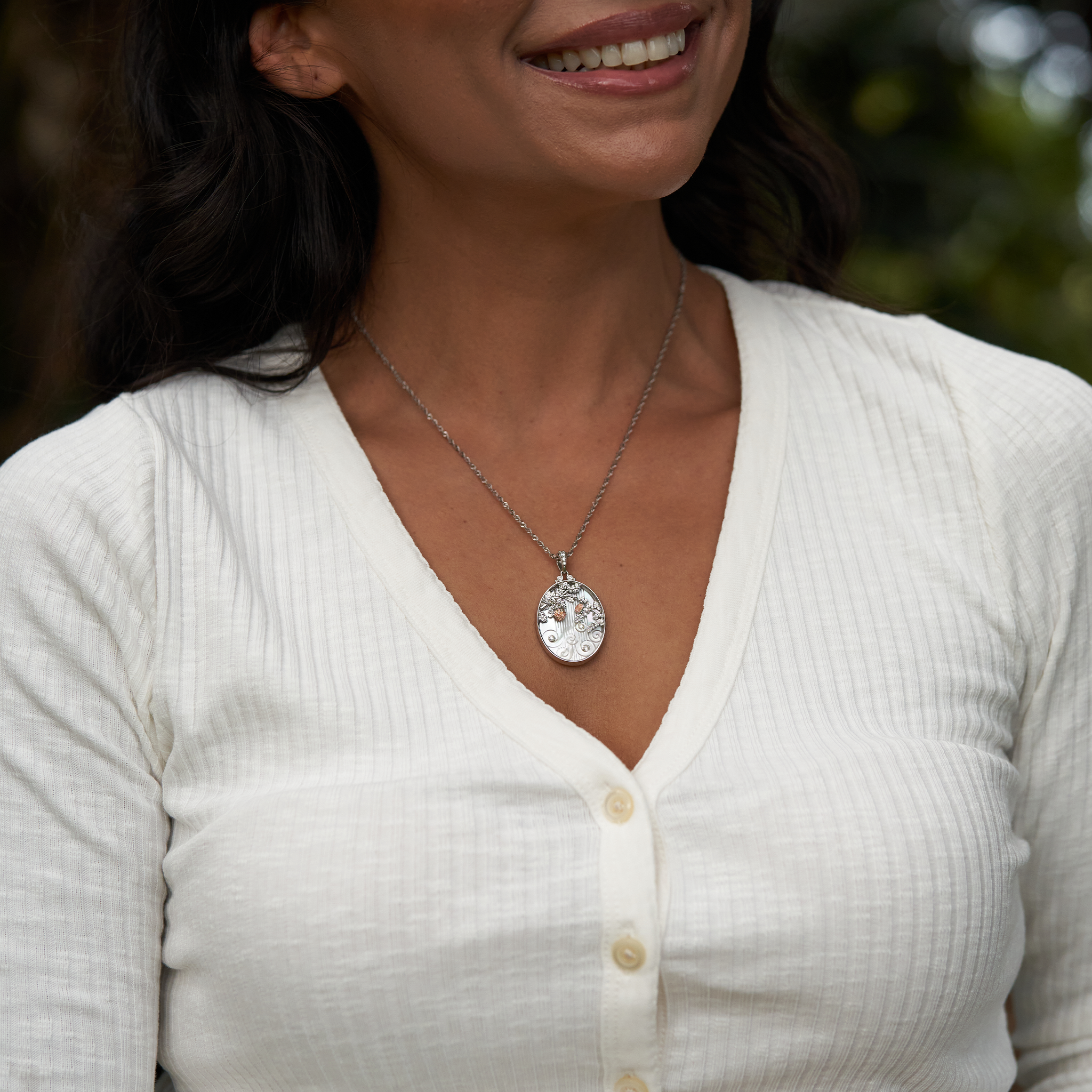 ʻŌhiʻa Lehua Waterfall Mother of Pearl Pendant in Two Tone Gold with Diamonds