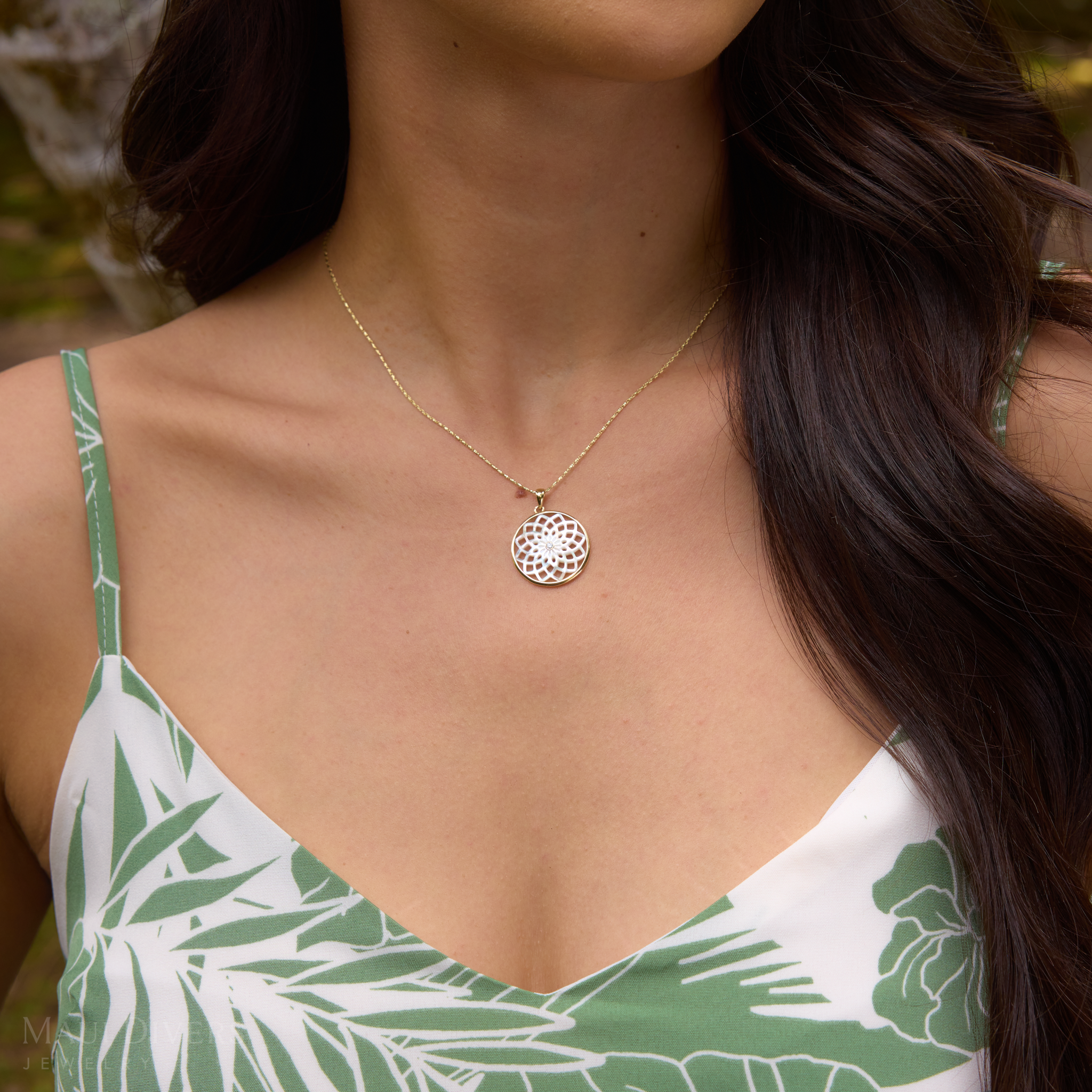 Protea Mother of Pearl Pendant in Gold with Diamond - 22mm