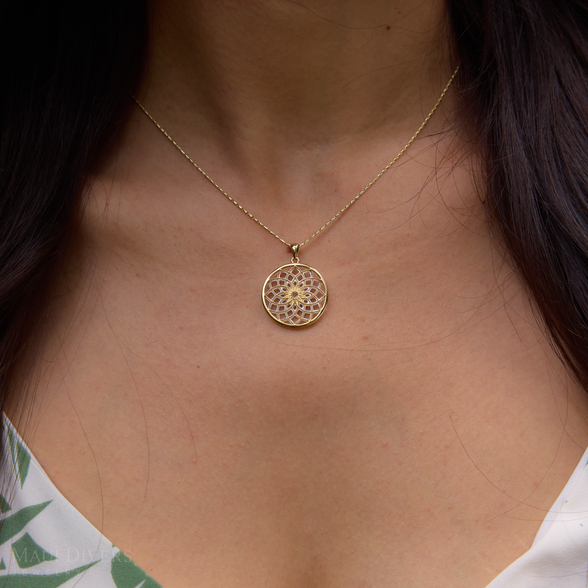Protea Mother of Pearl Pendant in Gold with Diamond - 22mm