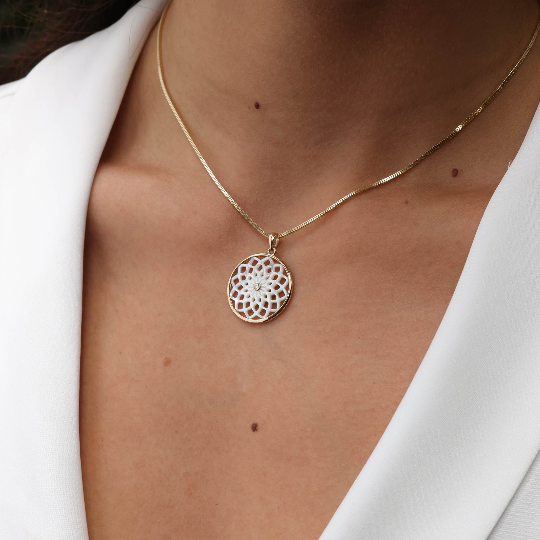 Protea Mother of Pearl Pendant in Gold with Diamond - 22mm