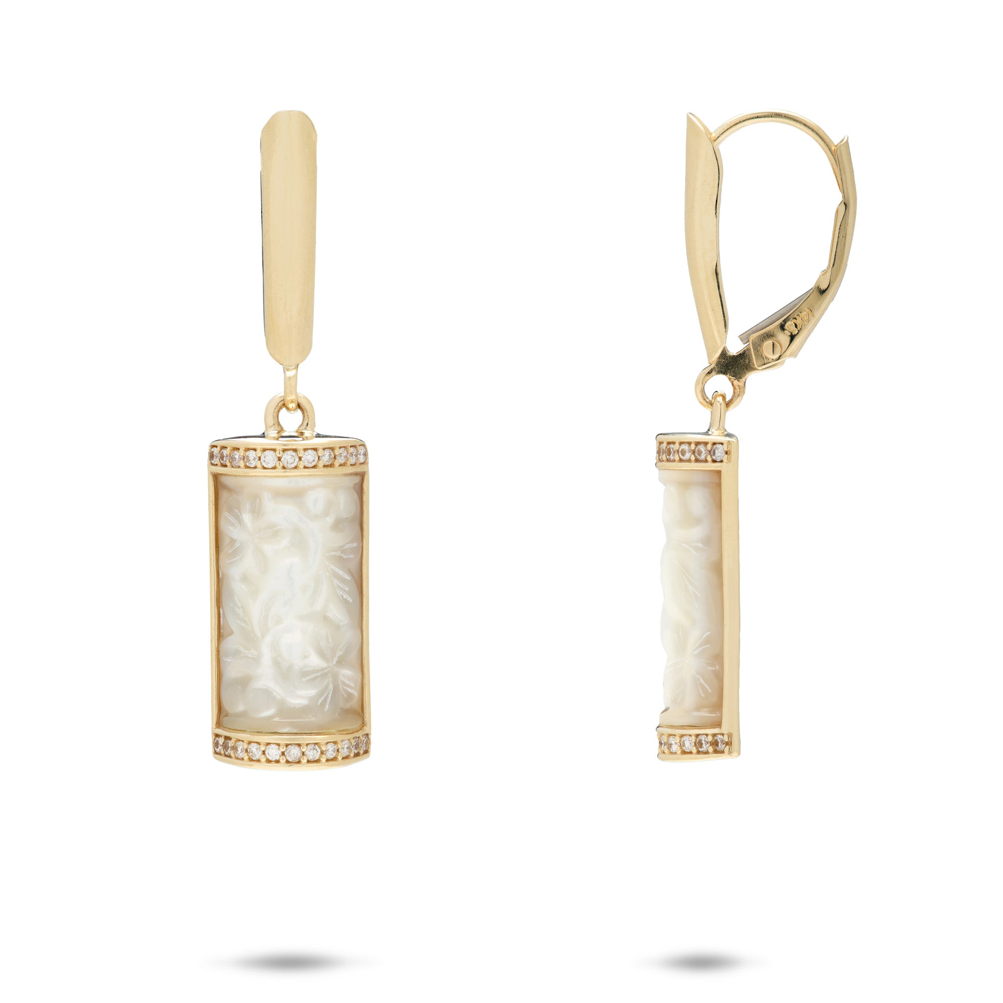 Hawaiian Heirloom Plumeria Mother of Pearl Earrings in Gold with Diamonds - 17mm