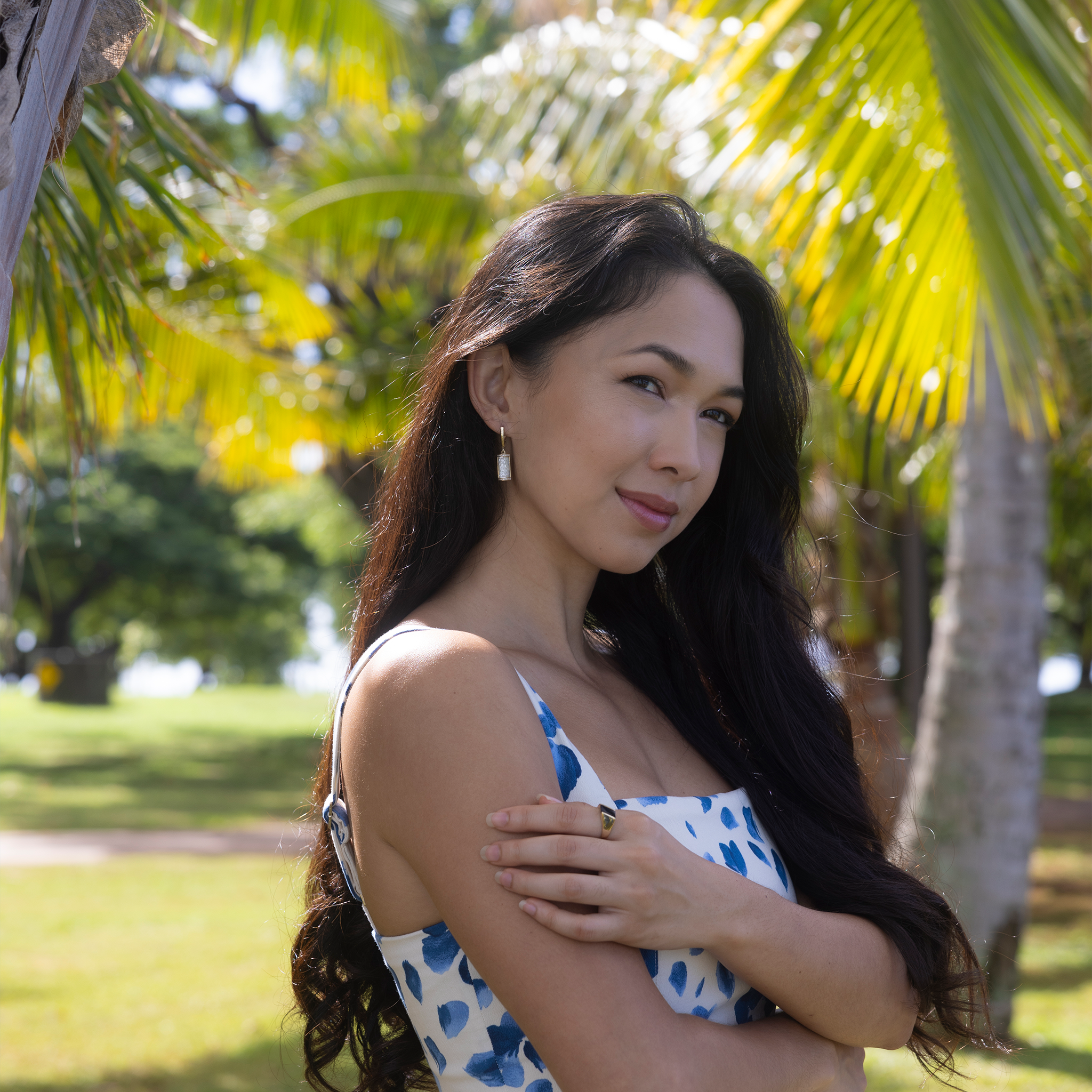 Hawaiian Heirloom Plumeria Mother of Pearl Earrings in Gold with Diamonds - 17mm