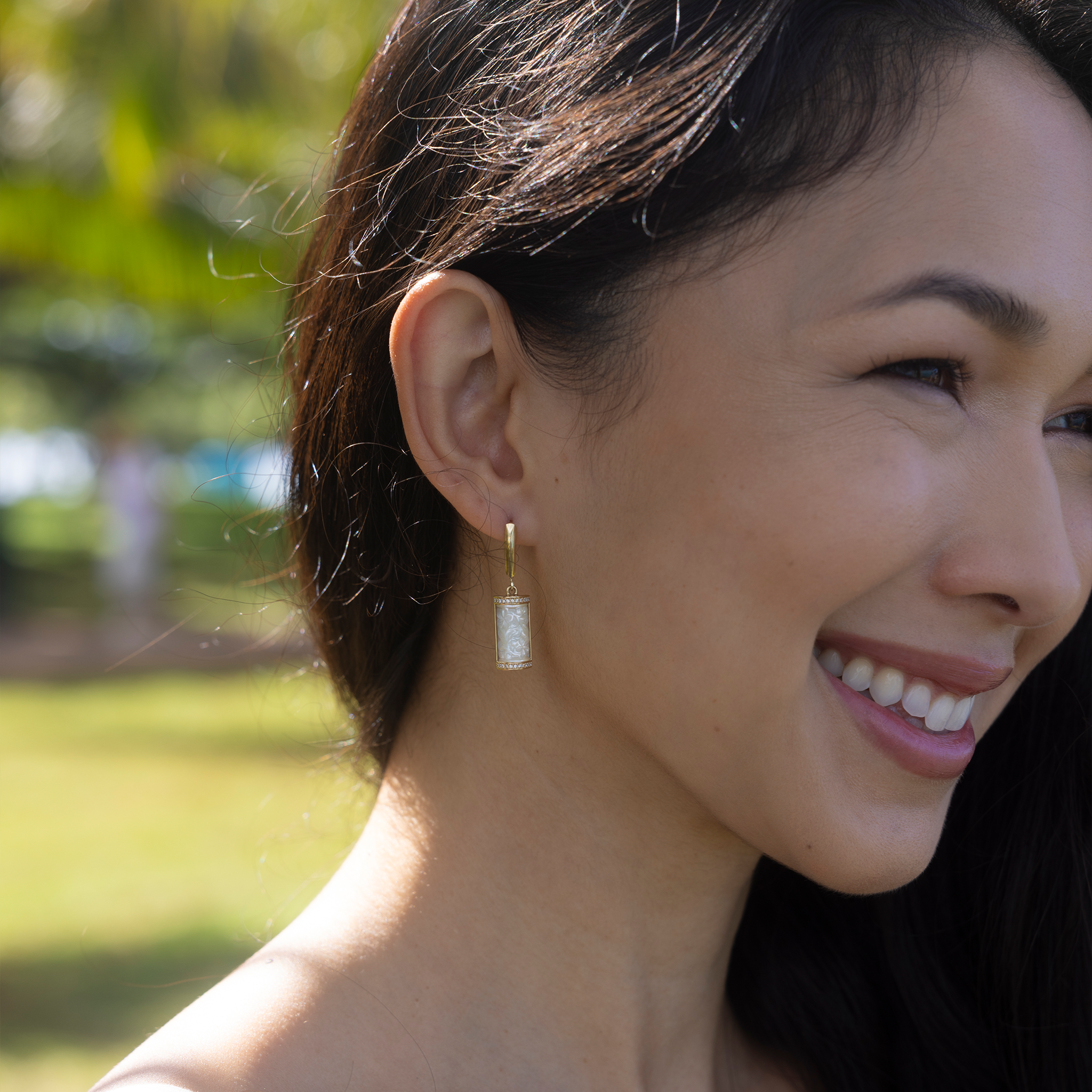 Hawaiian Heirloom Plumeria Mother of Pearl Earrings in Gold with Diamonds - 17mm