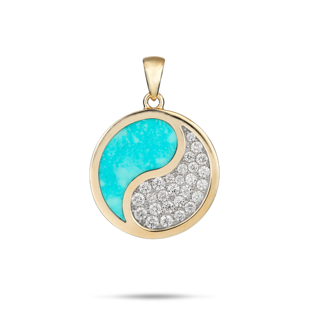 A 14k gold pendant featuring a circular Yin Yang symbol with a turquoise half and a pavé-set diamond half with white gold prongs, shown on a white background