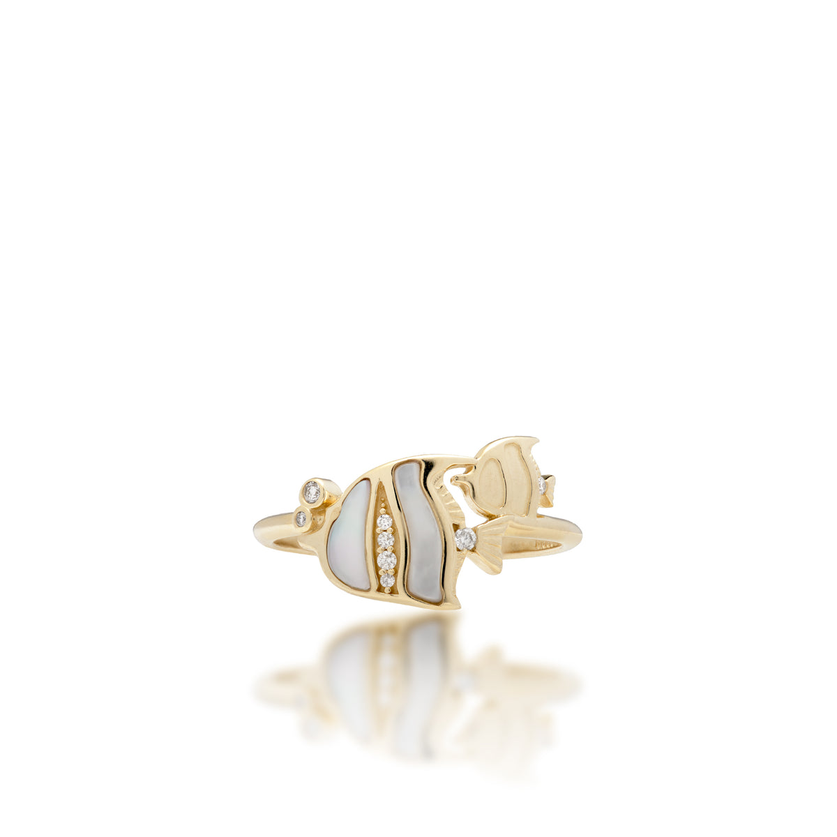 Front view showcasing the detail of a 12mm Sealife Angelfish Ring in 14k yellow Gold with alternating stripes of Mother of Pearl and diamonds, smaller solid gold anglefish swimming behind, placed on a white background