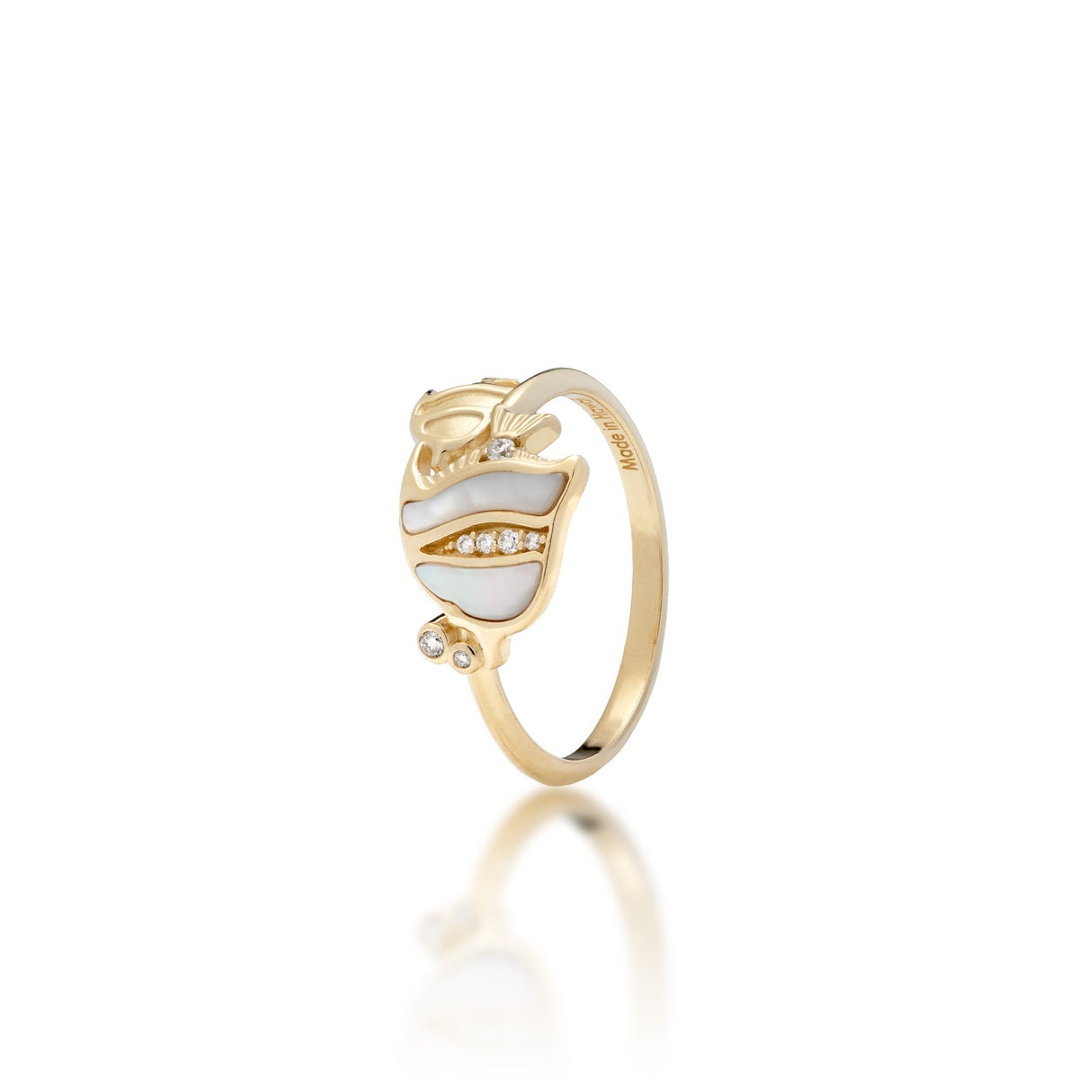 12mm Sealife Angelfish Ring in 14k yellow Gold with alternating stripes of Mother of Pearl and diamonds, smaller solid gold anglefish swimming behind, placed on a white background